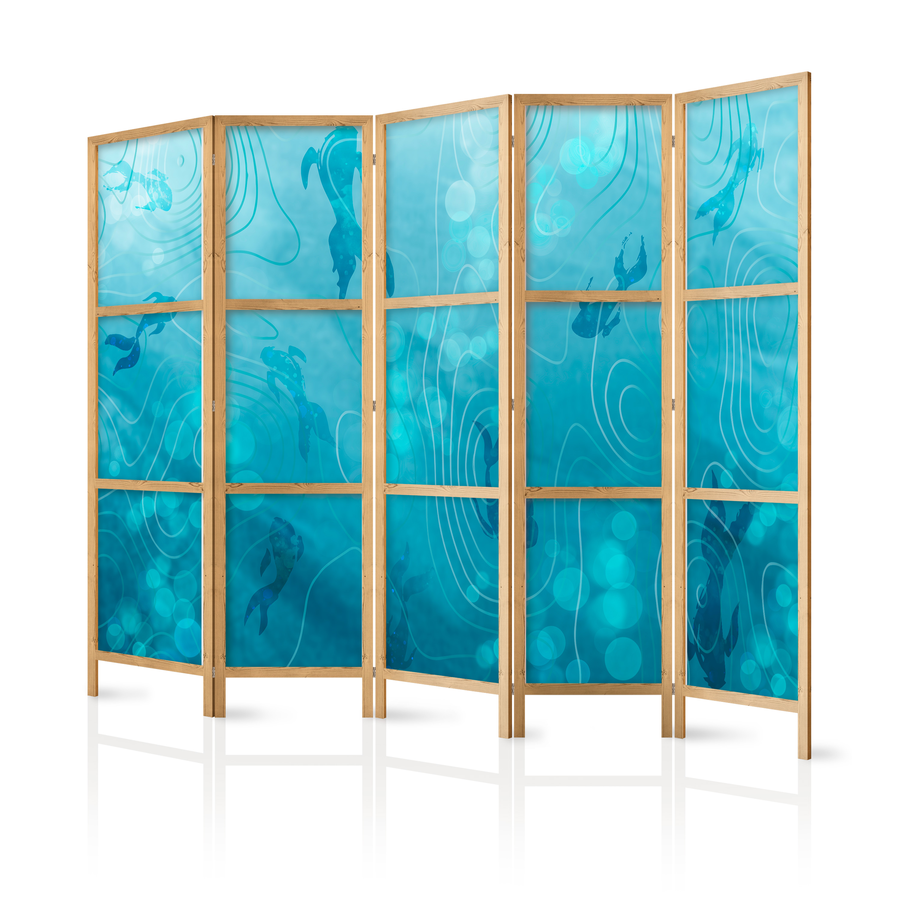 Paravent Japonais -un Groupe De Poissons Japonais Dans Les Tons Bleu Marine Et Bleu 225x172
