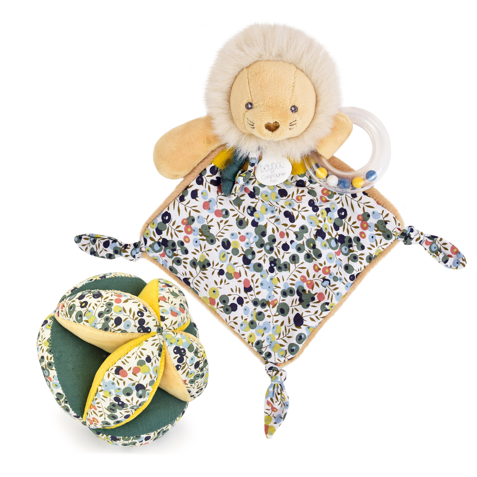 Duo Balle + Doudou Hochet Polyester Duo Boh'aime Lion Jaune 2 Pièces