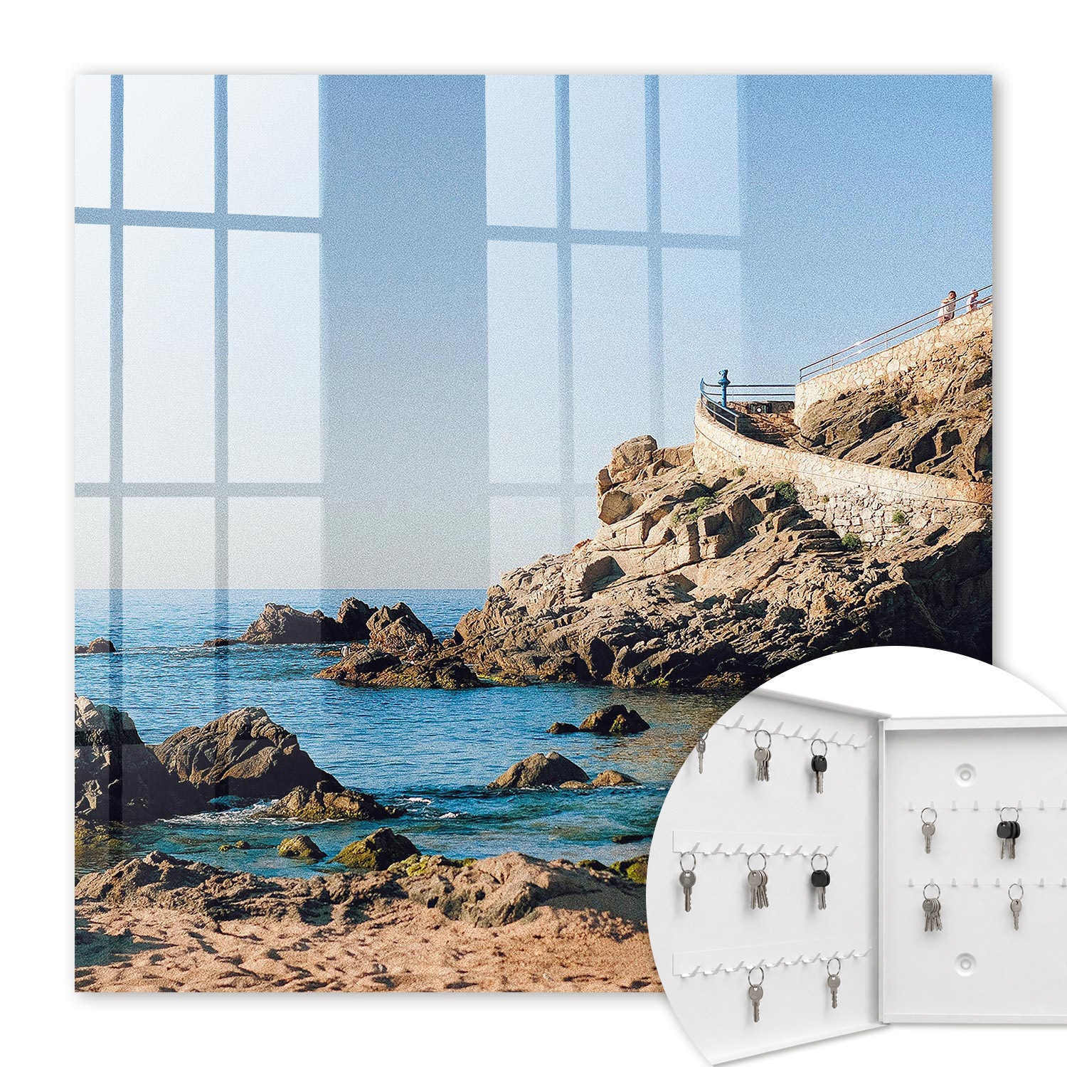Armoire À Clés - (30 Cm X 30 Cm) - Boîte À Clés Murale - Coffret De Rangement Pour Clés - Couleur Blanche - Ouverture Vers La Gauche - Pour Maison Et Bureau - Paysage Marin