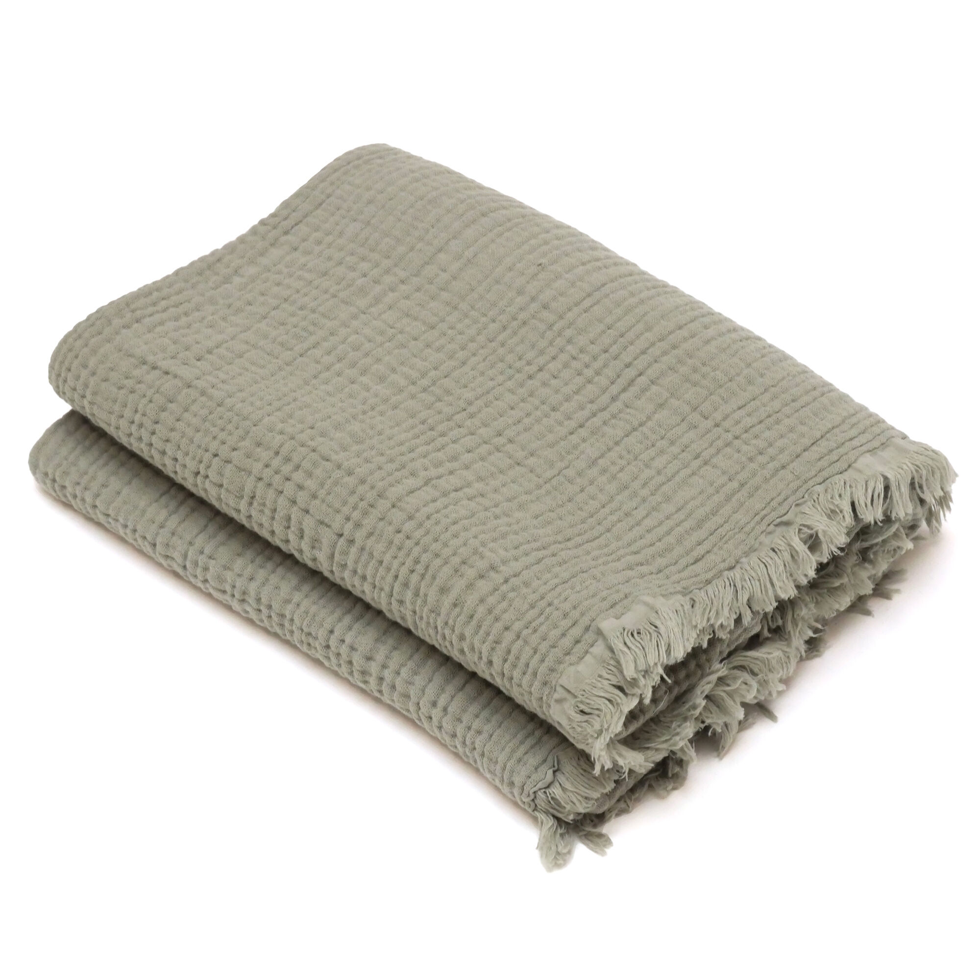 Drap De Plage 95x180 Cm Mousseline De Coton Collection Kea Avec Franges Vert Kaki