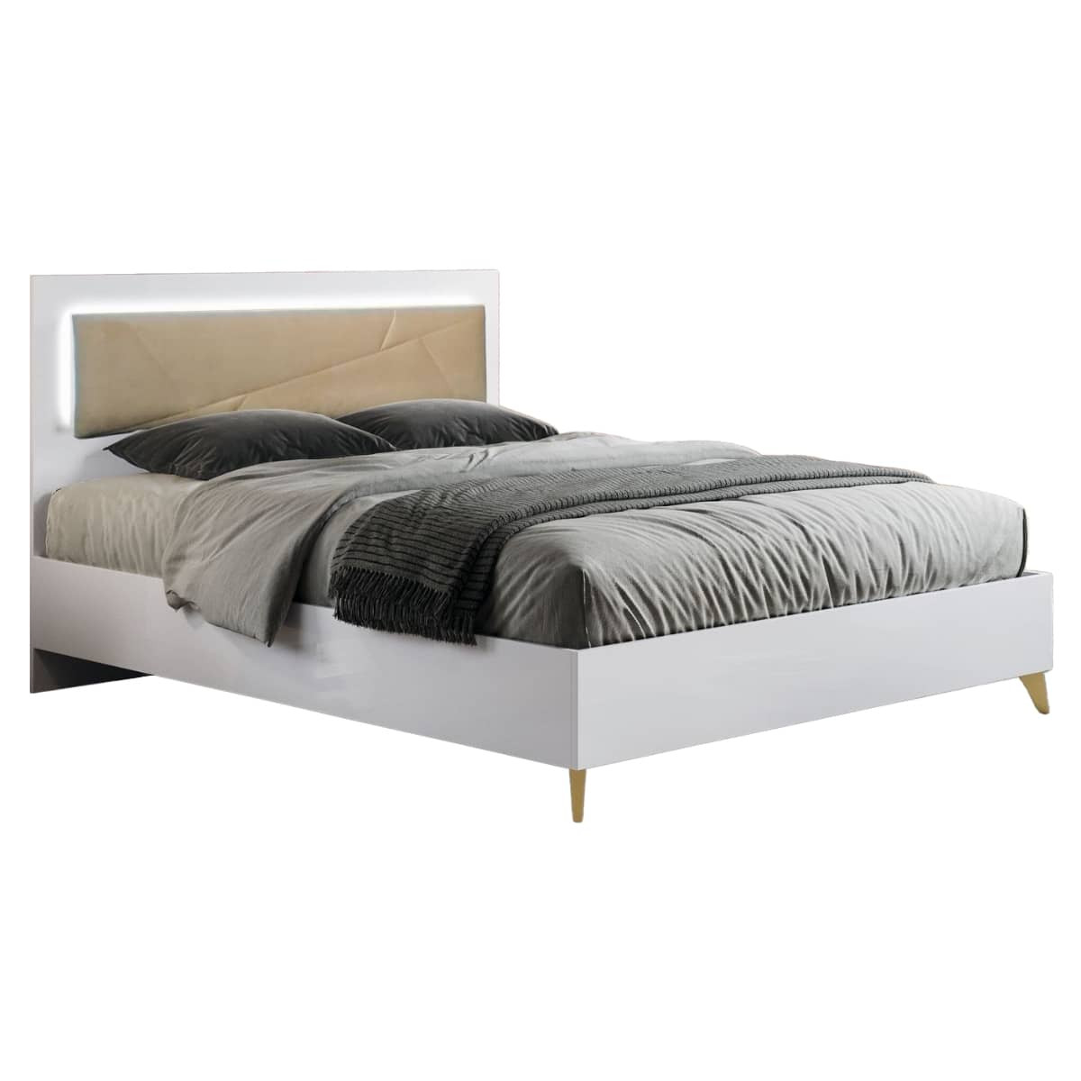 Jemma - Lit 160x200cm Tête Rembourrée Laqué Blanc Et Décor Doré Avec Leds