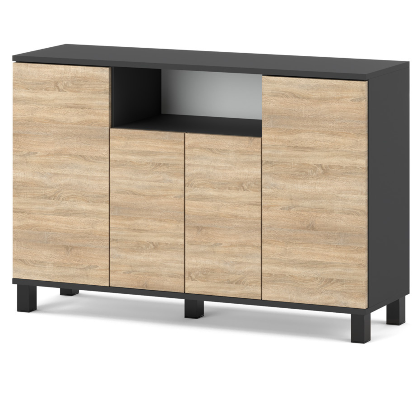 Commode Gris+ Chêne Sonoma 120 Cm 4 Portes - Meuble Tv Moderne Pour Salon Et Chambre - Buffet De Rangement Design
