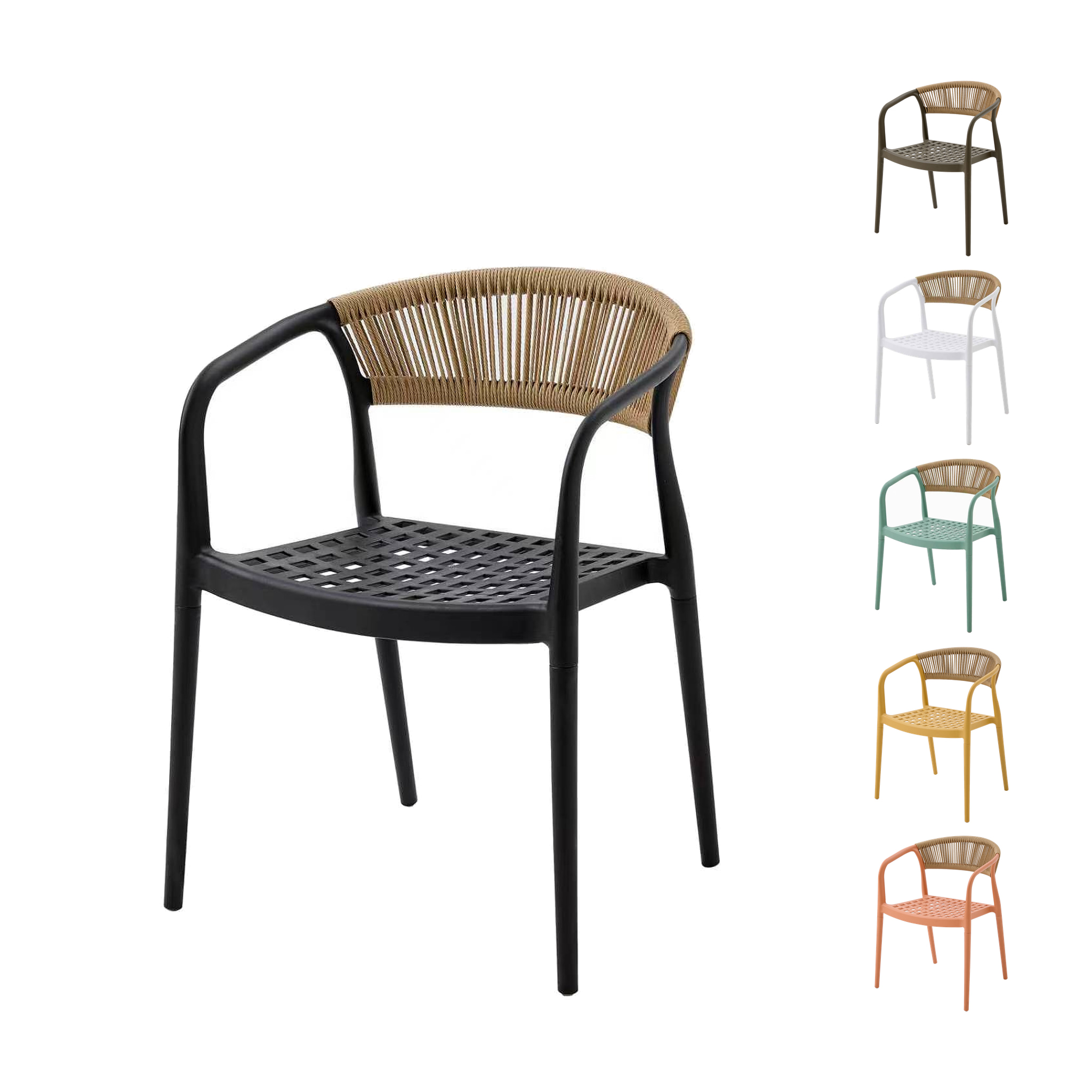 Chaise De Jardin Solaro Pp Résistant Aux Uv & Dossier En Corde Tressée Main Noir 1 Chaise