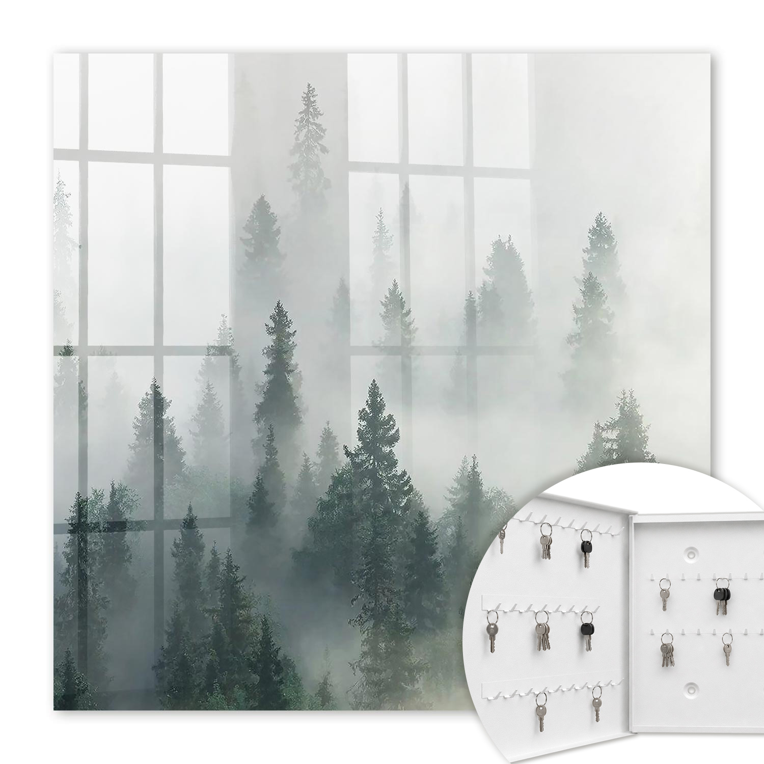 Armoire À Clés - (30 Cm X 30 Cm) - Boîte À Clés Murale - Coffret De Rangement Pour Clés - Couleur Blanche - Ouverture Vers La Gauche - Pour Maison Et Bureau - Forêt Brumeuse