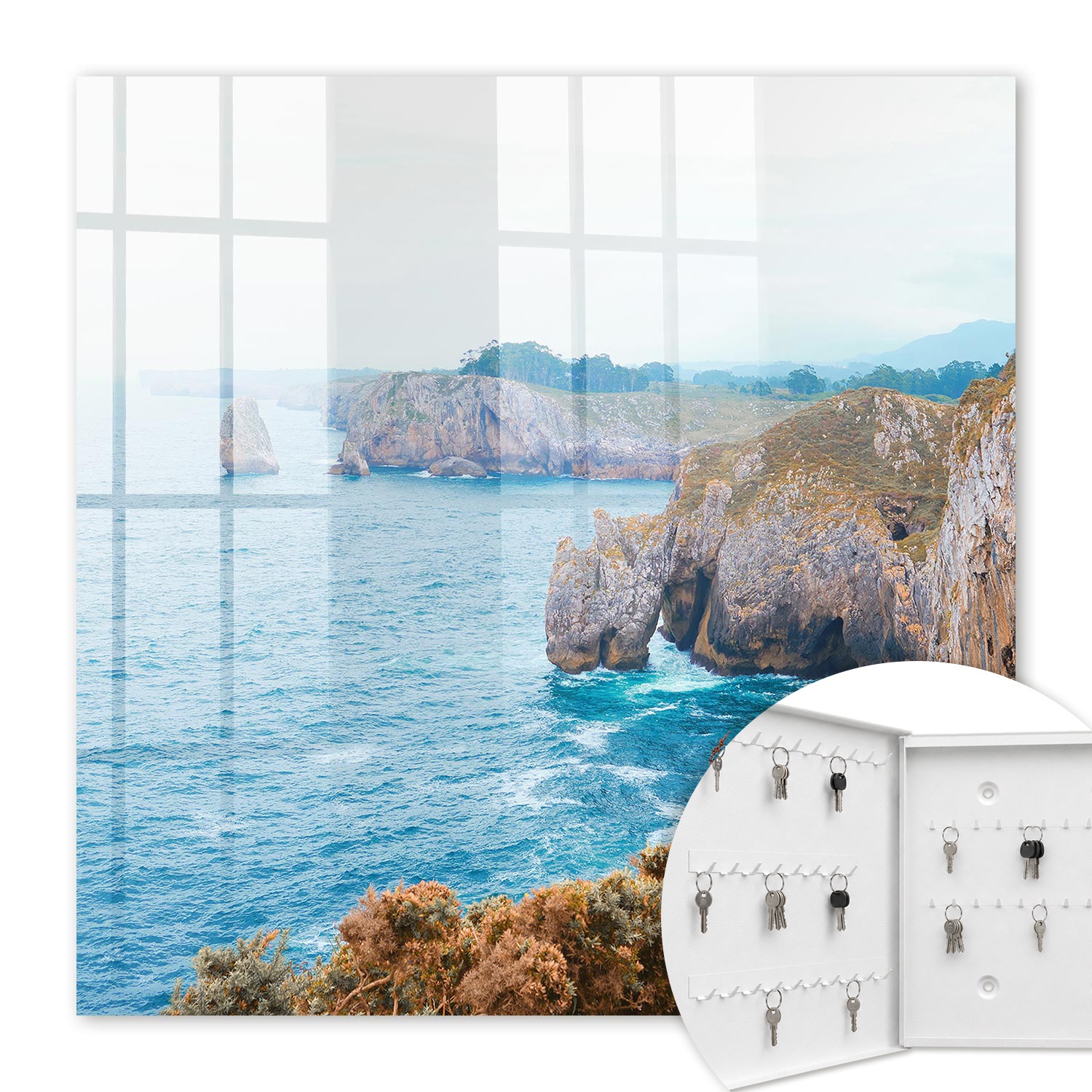 Armoire À Clés - (30 Cm X 30 Cm) - Boîte À Clés Murale - Coffret De Rangement Pour Clés - Couleur Blanche - Ouverture Vers La Gauche - Pour Maison Et Bureau - Paysage Marin