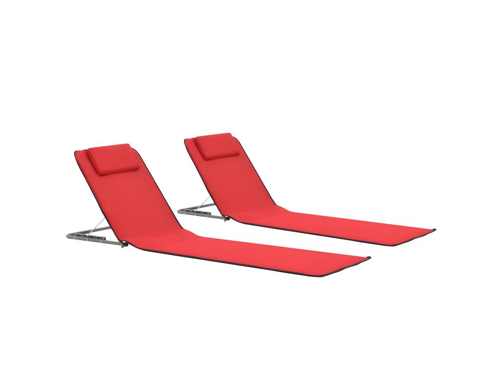 Tapis De Plage Chaise Longue Pliables 2 Pièces Acier Et Tissu Rouge 02_0012186