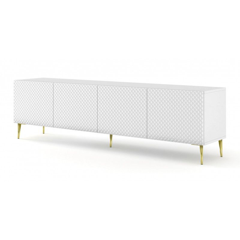 Meuble Tv Ravenna Avec 4 Portes En Bois Et Pieds Dorés - Blanc Brillant - L 200 X P 42 X H 56 Cm