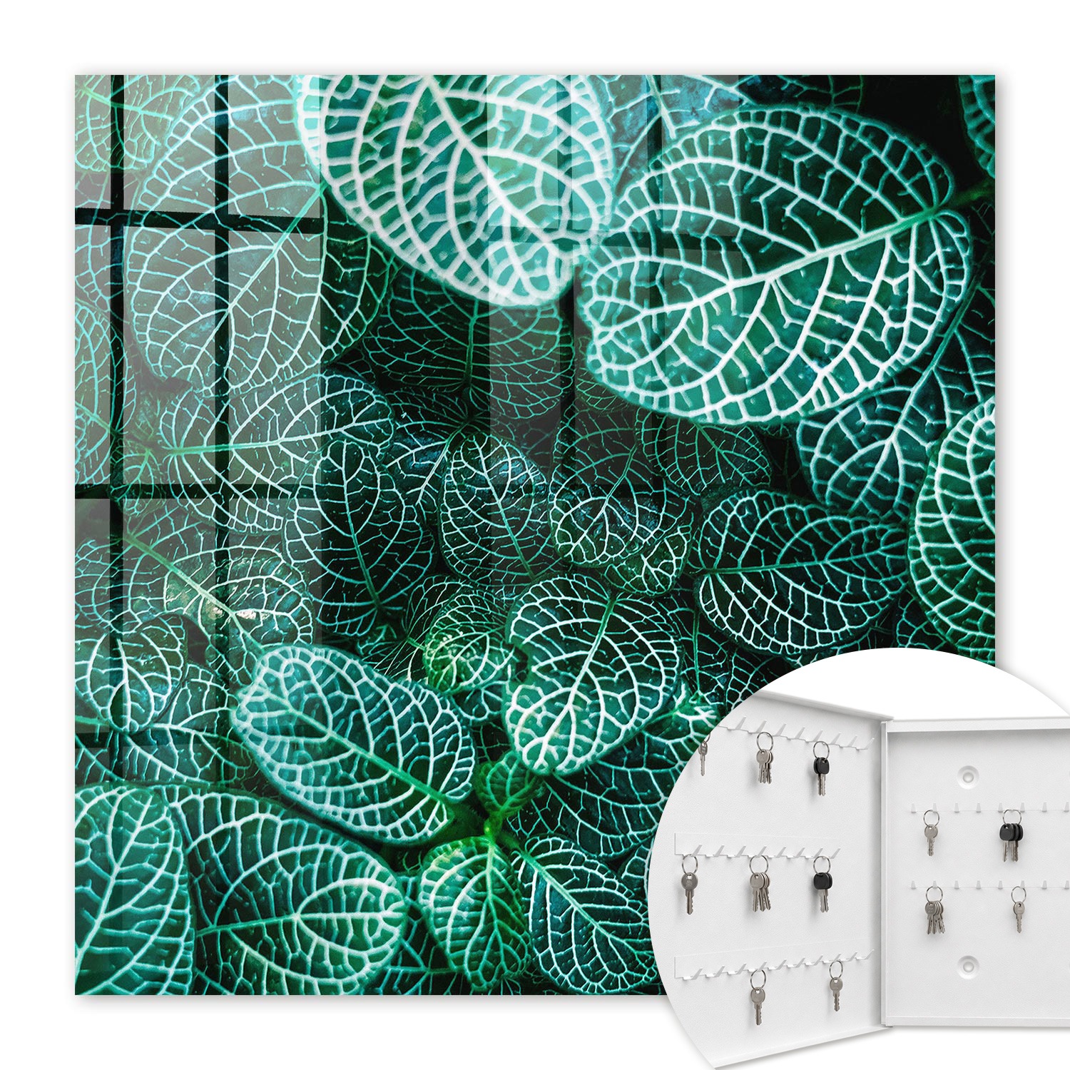Armoire À Clés - (30 Cm X 30 Cm) - Boîte À Clés Murale - Coffret De Rangement Pour Clés - Couleur Blanche - Ouverture Vers La Gauche - Pour Maison Et Bureau - Motifs Verts