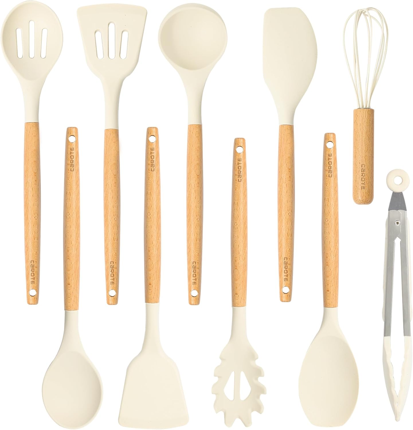 Ustensiles De Cuisine Silicone Et Bois 10 Pièces Blanc