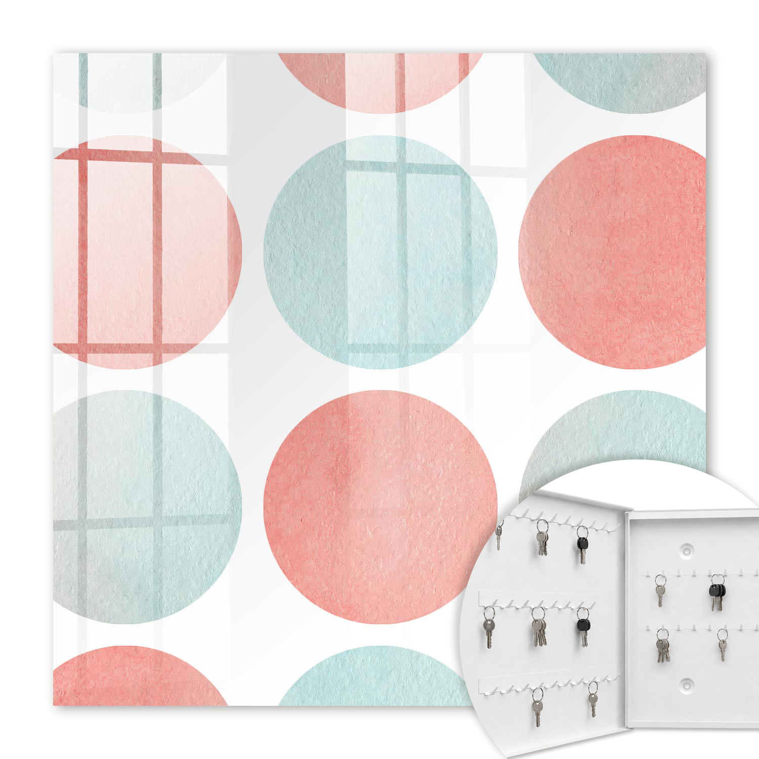 Armoire À Clés - (30 Cm X 30 Cm) - Boîte À Clés Murale - Coffret De Rangement Pour Clés - Couleur Blanche - Ouverture Vers La Gauche - Pour Maison Et Bureau - Cercles Pastel