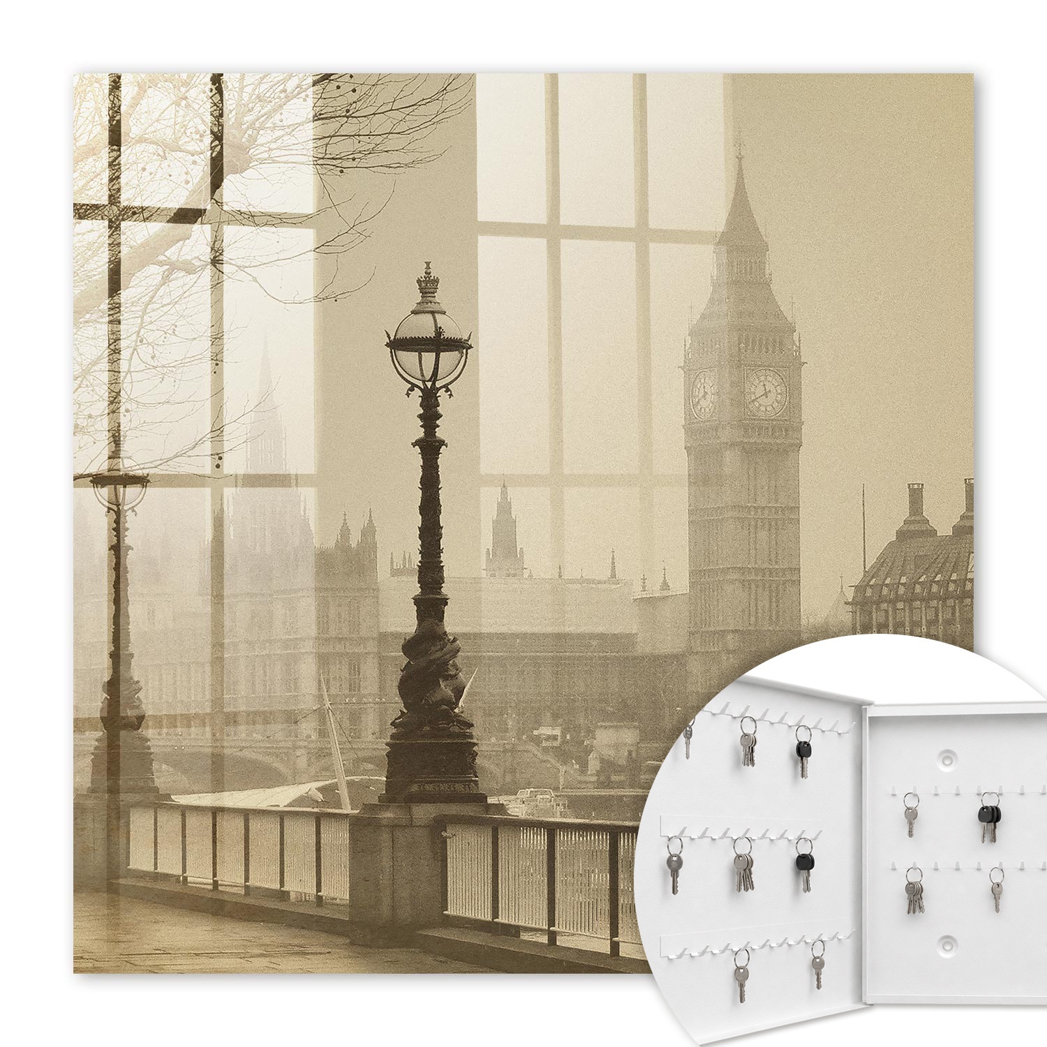 Armoire À Clés - (30 Cm X 30 Cm) - Boîte À Clés Murale - Coffret De Rangement Pour Clés - Couleur Blanche - Ouverture Vers La Gauche - Pour Maison Et Bureau - Londres Brumeuse