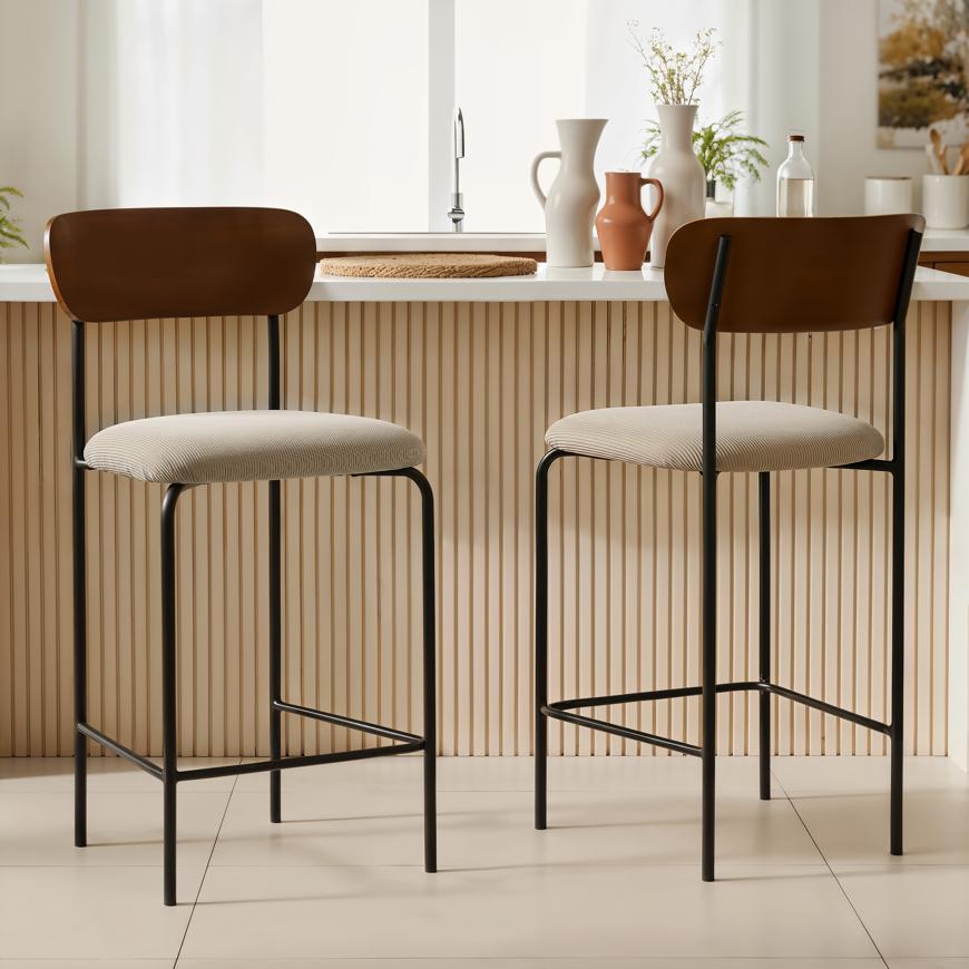 Sicaan Lot De 2 Tabourets De Bar Scandinaves Olivia Velours Côtelé Beige