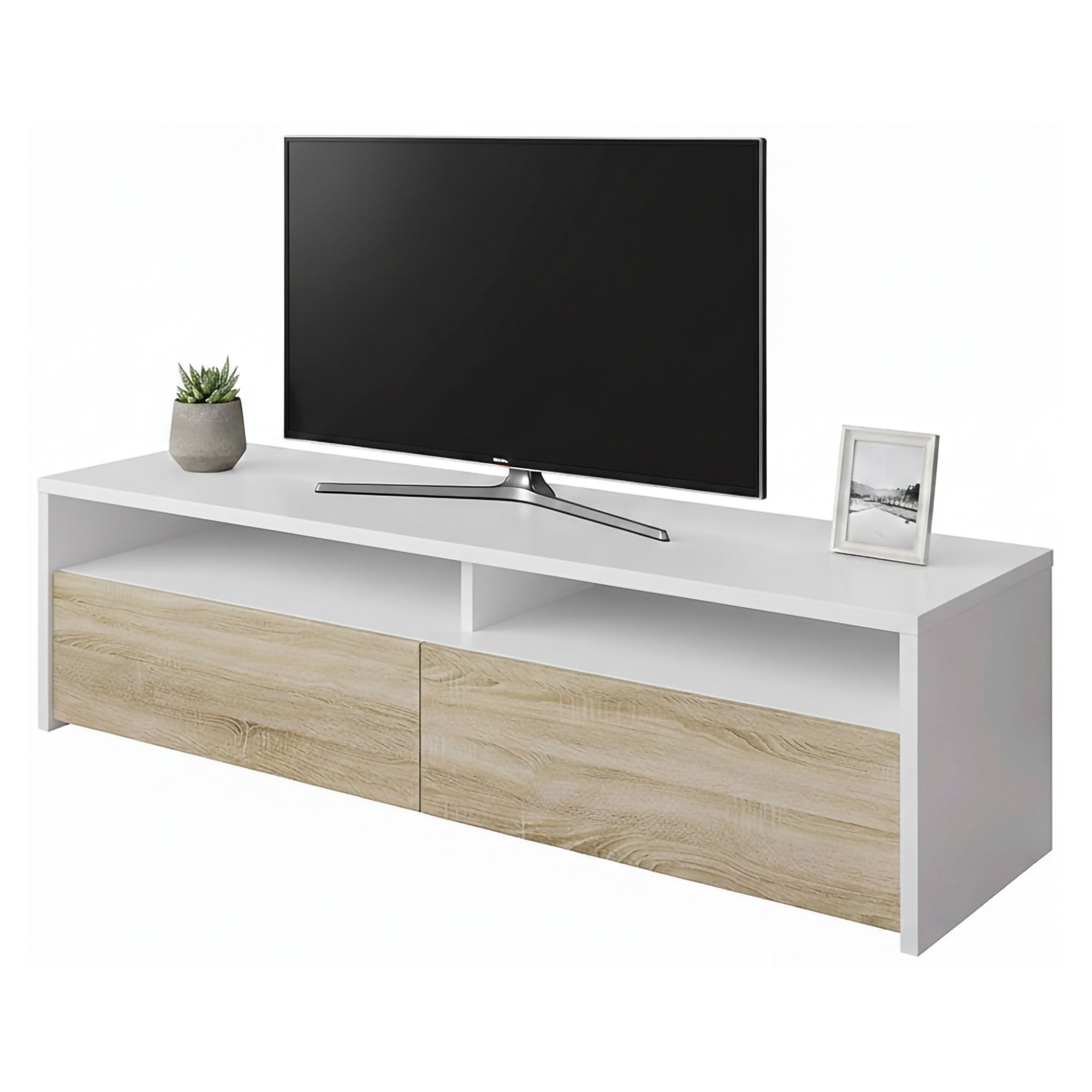 Meuble Tv Effet Bois Blanc Brillant 130x40 Cm