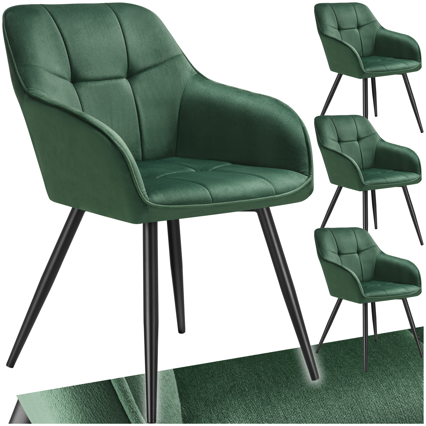 Lot 4 Chaises Rembourrées En Velours Matelassé Et Dossier Vert Foncé