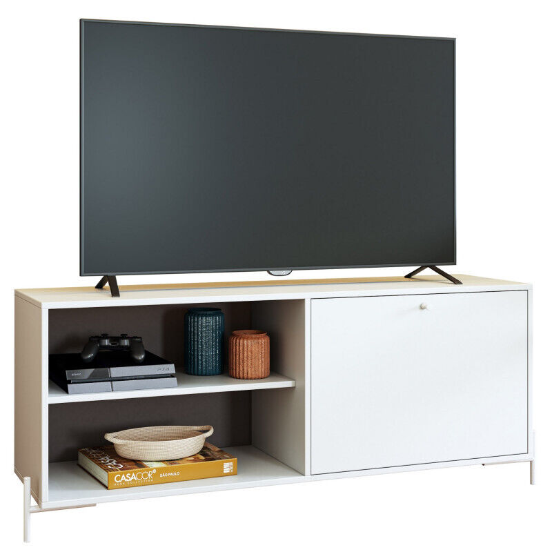 Meuble Tv Beaux Meubles Pas Chers Pen 60 Pouces 1 Porte 4 Niches Blanc Bois Métal