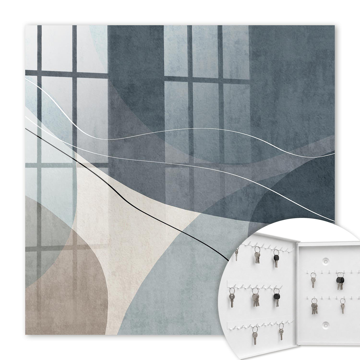 Armoire À Clés - (30 Cm X 30 Cm) - Boîte À Clés Murale - Coffret De Rangement Pour Clés - Couleur Blanche - Ouverture Vers La Gauche - Pour Maison Et Bureau - Abstraction Bleue