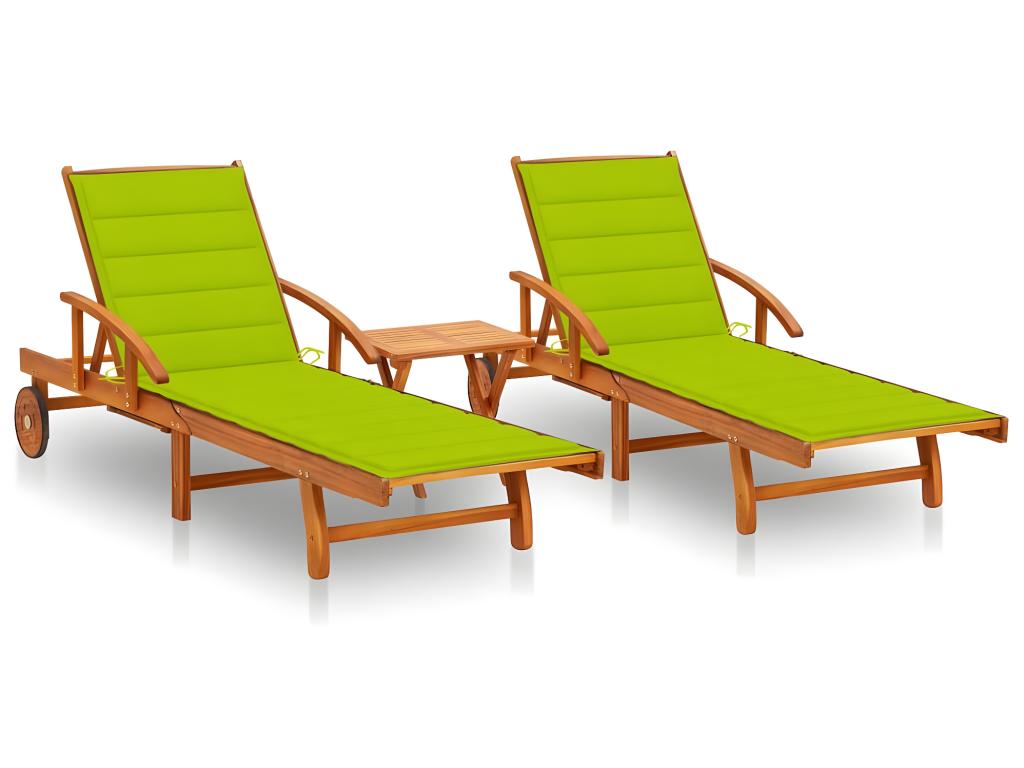 Lot De 2 Transats Chaise Longue Bain De Soleil Lit De Jardin Terrasse Meuble D'extérieur Avec Table Et Coussins Acacia S