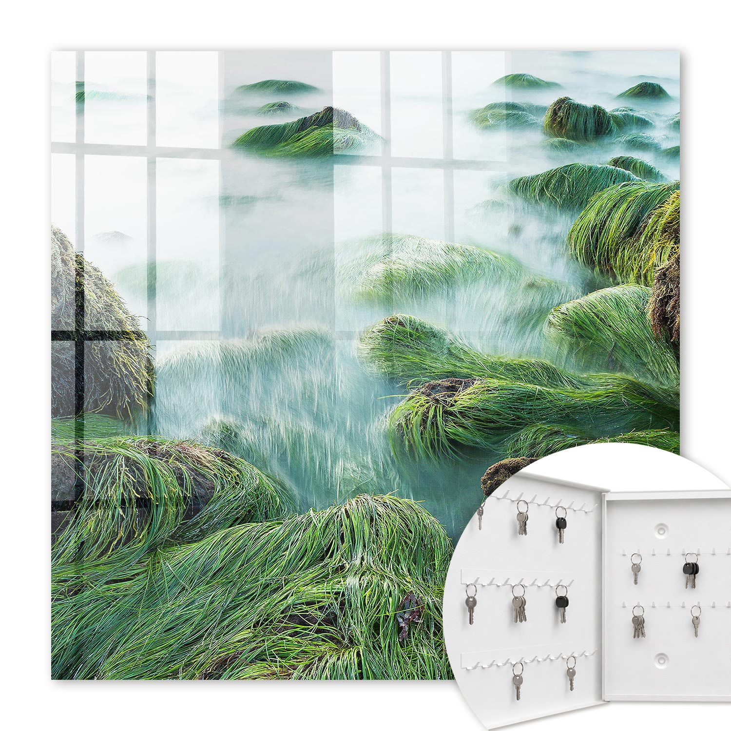 Armoire À Clés - (30 Cm X 30 Cm) - Boîte À Clés Murale - Coffret De Rangement Pour Clés - Couleur Blanche - Ouverture Vers La Gauche - Pour Maison Et Bureau - Vagues Vertes
