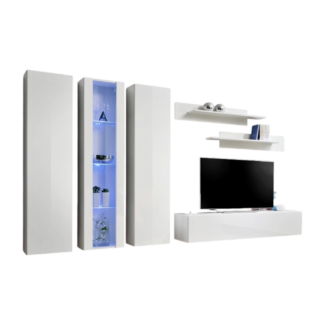 Meublorama - Meuble Tv Fly C4 Design, Coloris Blanc Brillant. Meuble Suspendu Moderne Et Tendance Pour Votre Salon.