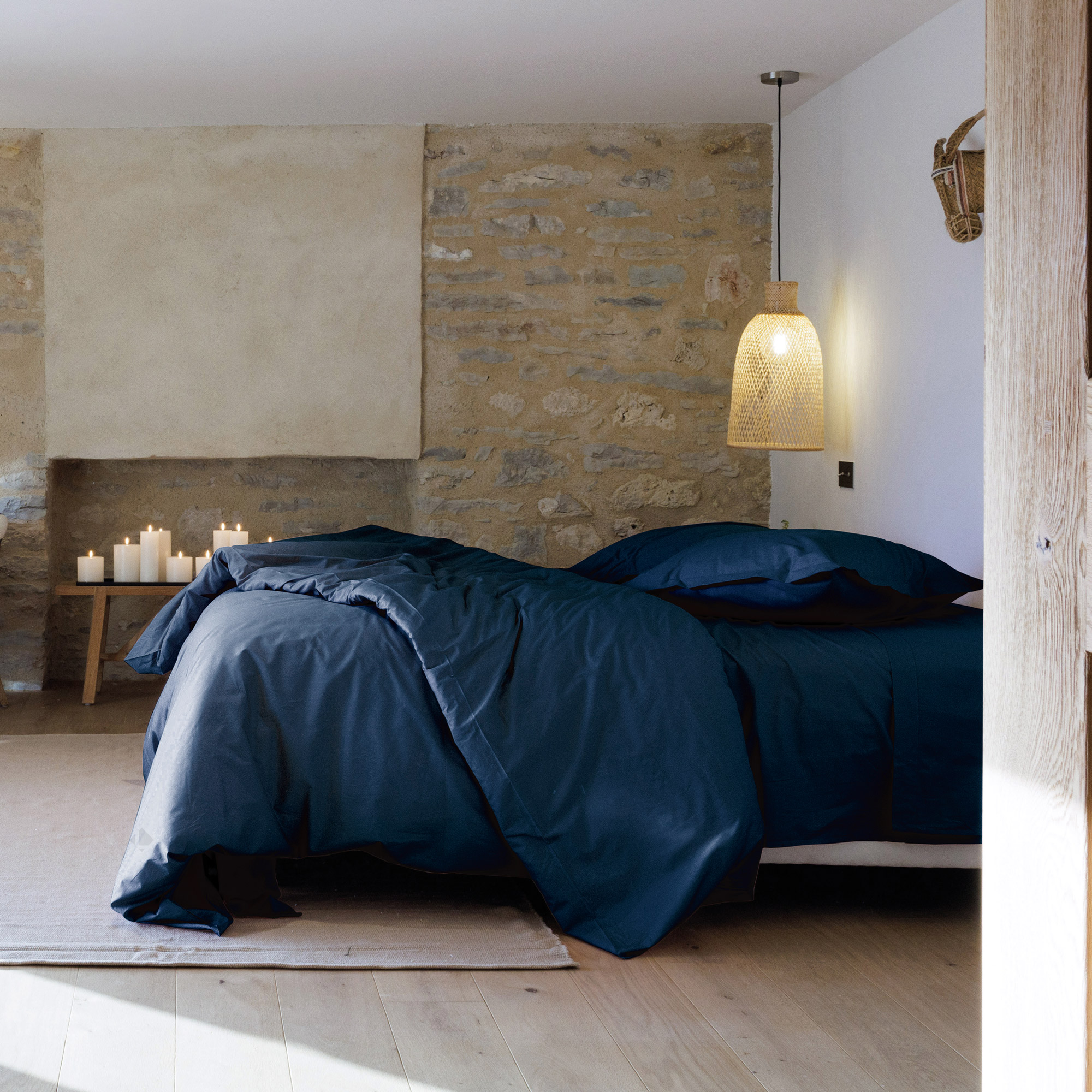 Parure De Lit 260x240 Cm Set 65x65 Cm Percale Manoir Bleu Marine