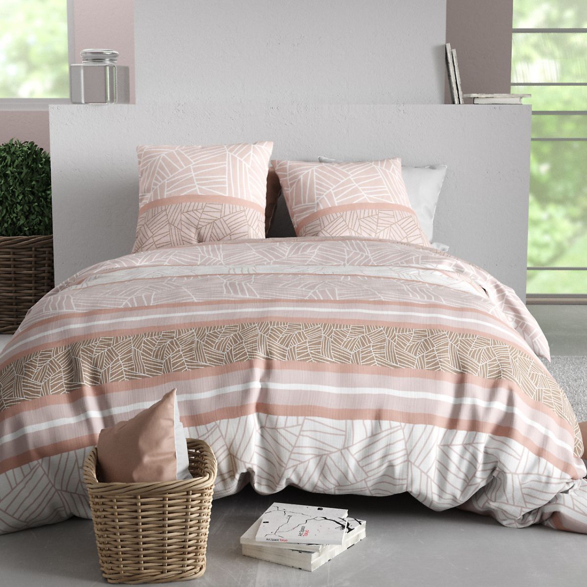 Parure Housse De Couette 260x240cm + 2 Taies Motif Graphique Rose 100% Coton - Trishia