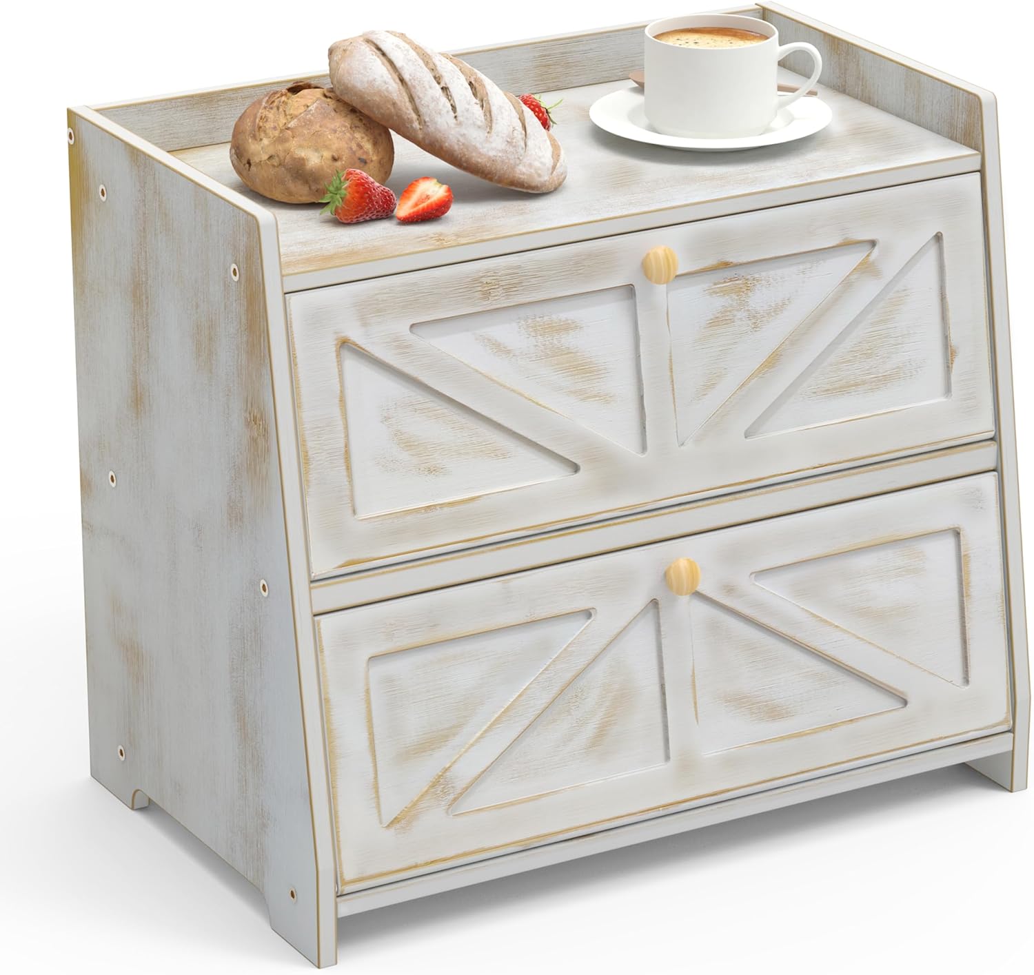 Boîte À Pain En Bambou À 2 Étages - Pour Plan De Travail De Cuisine 40 X 25 X 35 Cm - Blanc Vieilli