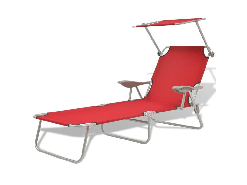 Transat Chaise Longue Bain De Soleil Lit De Jardin Terrasse Meuble D'extérieur 189 Cm Avec Auvent Acier Rouge 02_0012269