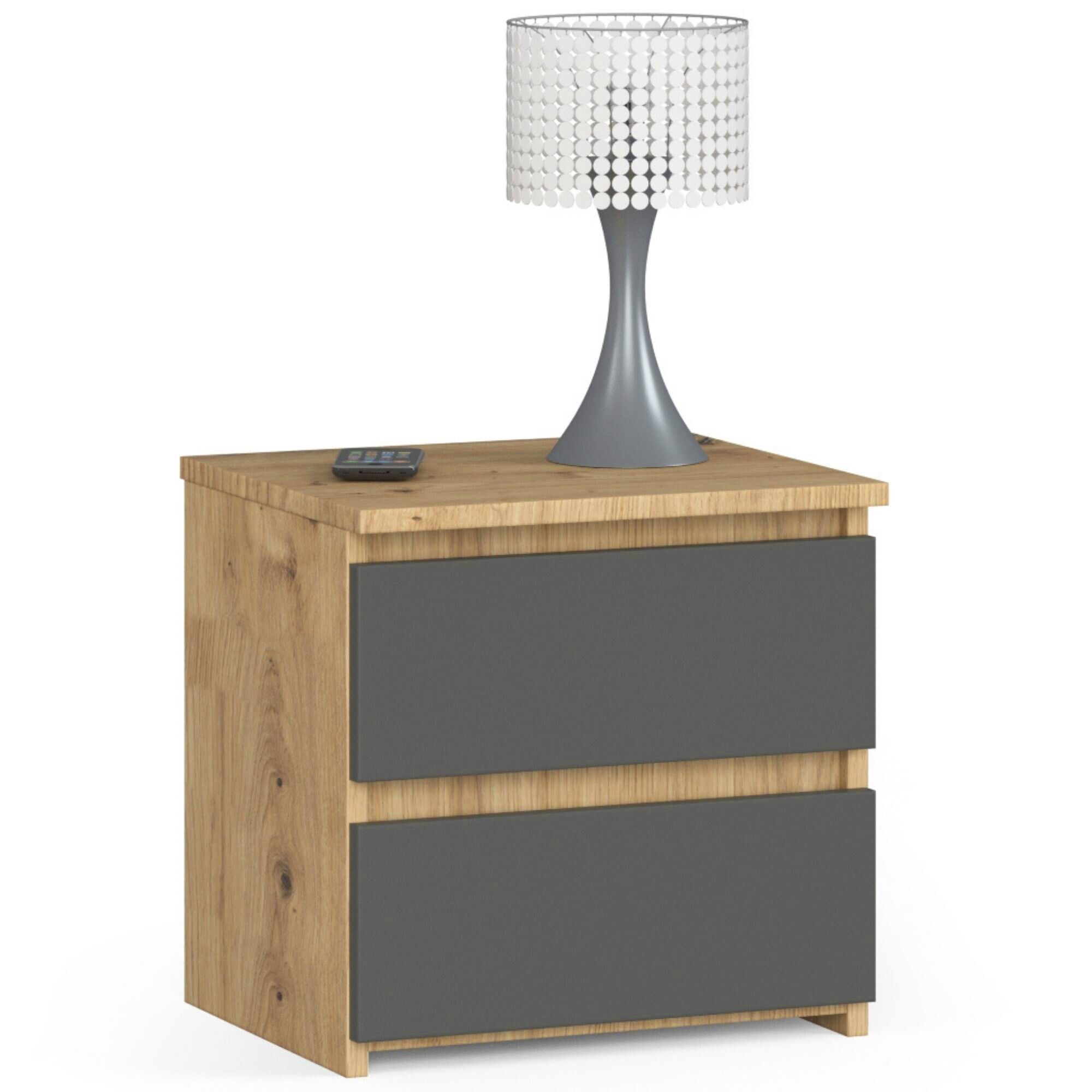 Table De Chevet Akord Chêne Artisan 40 Cm 2 Tiroirs Façade Gris Graphite 40x35x40 Cm