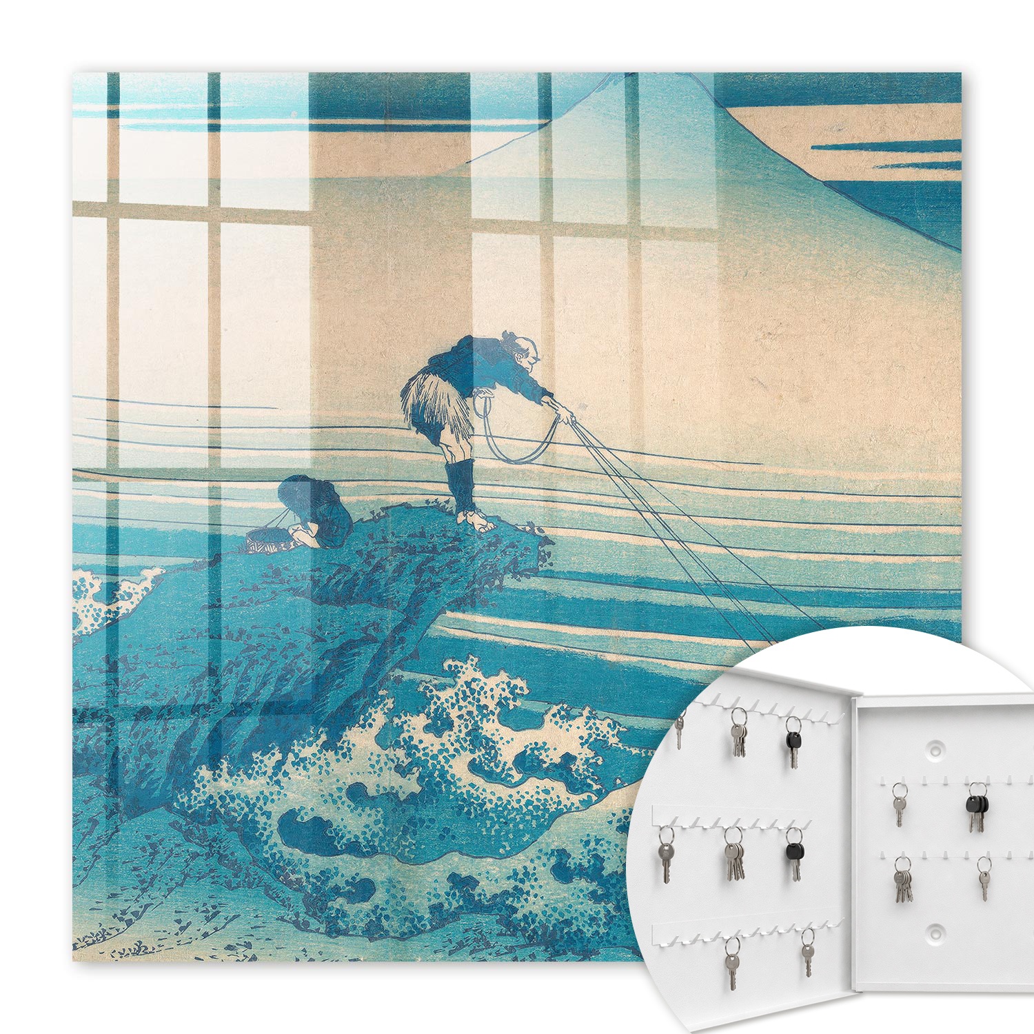 Armoire À Clés - (30 Cm X 30 Cm) - Boîte À Clés Murale - Coffret De Rangement Pour Clés - Couleur Blanche - Ouverture Vers La Gauche - Pour Maison Et Bureau - Le Pêcheur Et Les Vagues