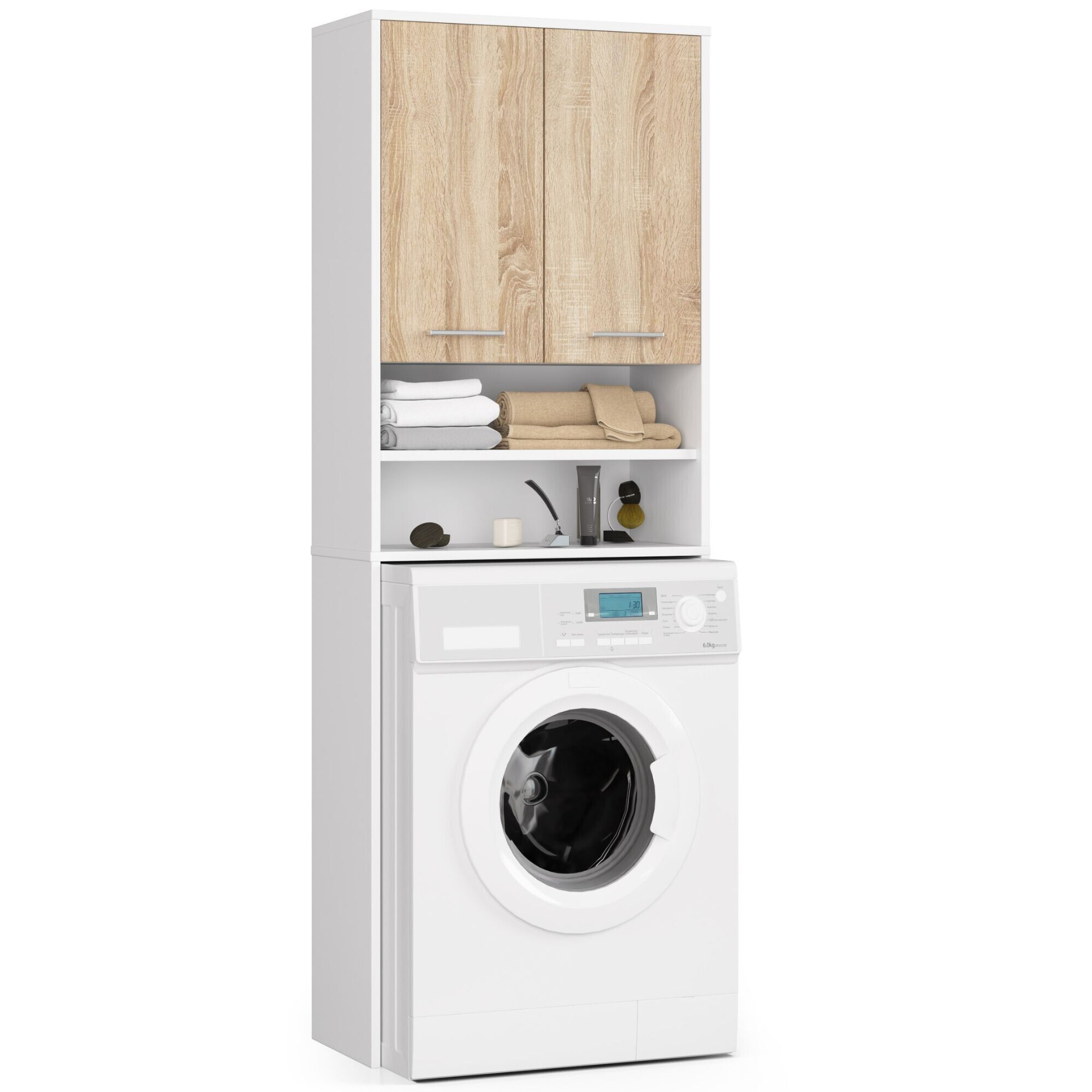 Colonne Salle De Bains Akord Fin Blanche 64 Cm 2 Portes Façade Chêne Sonoma 4 Étagères 64x30x180 Cm