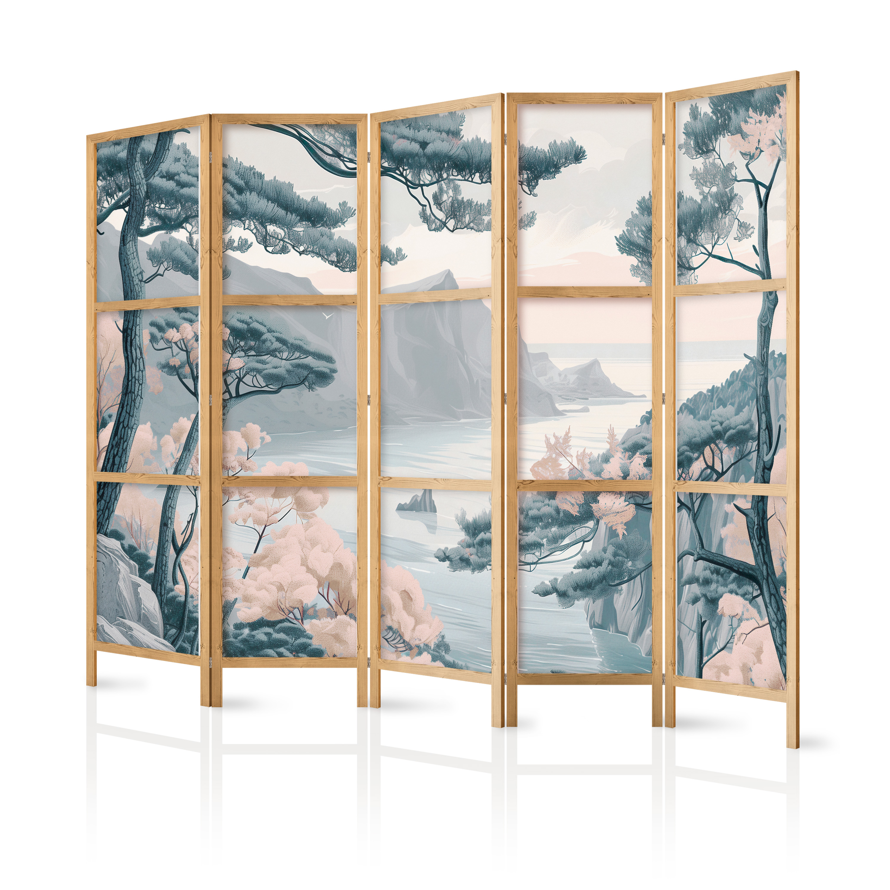 Paravent Japonais - Littoral Montagneux Dans Des Bleus Pastel Clairs. 225x172
