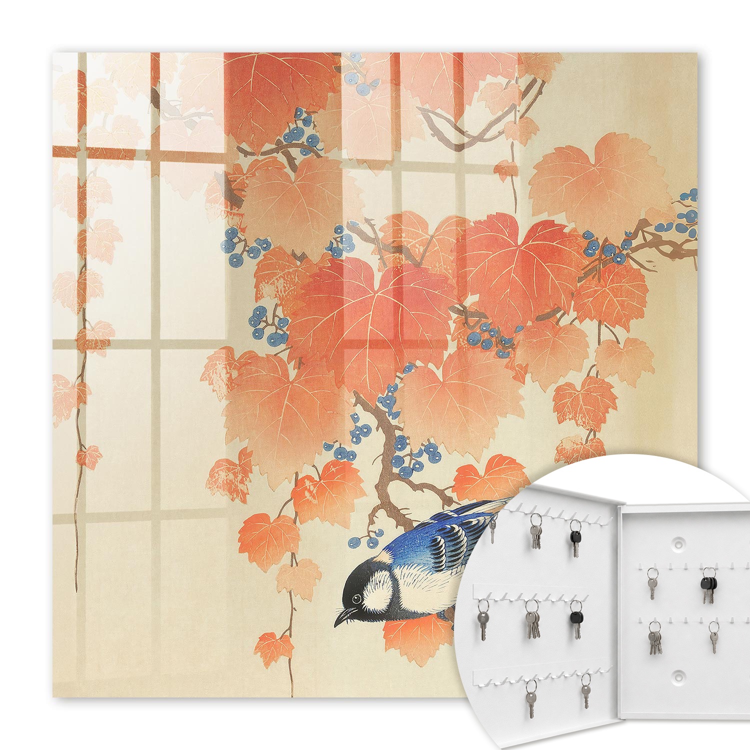 Armoire À Clés - (30 Cm X 30 Cm) - Boîte À Clés Murale - Coffret De Rangement Pour Clés - Couleur Blanche - Ouverture Vers La Gauche - Pour Maison Et Bureau - Oiseau Et Feuilles