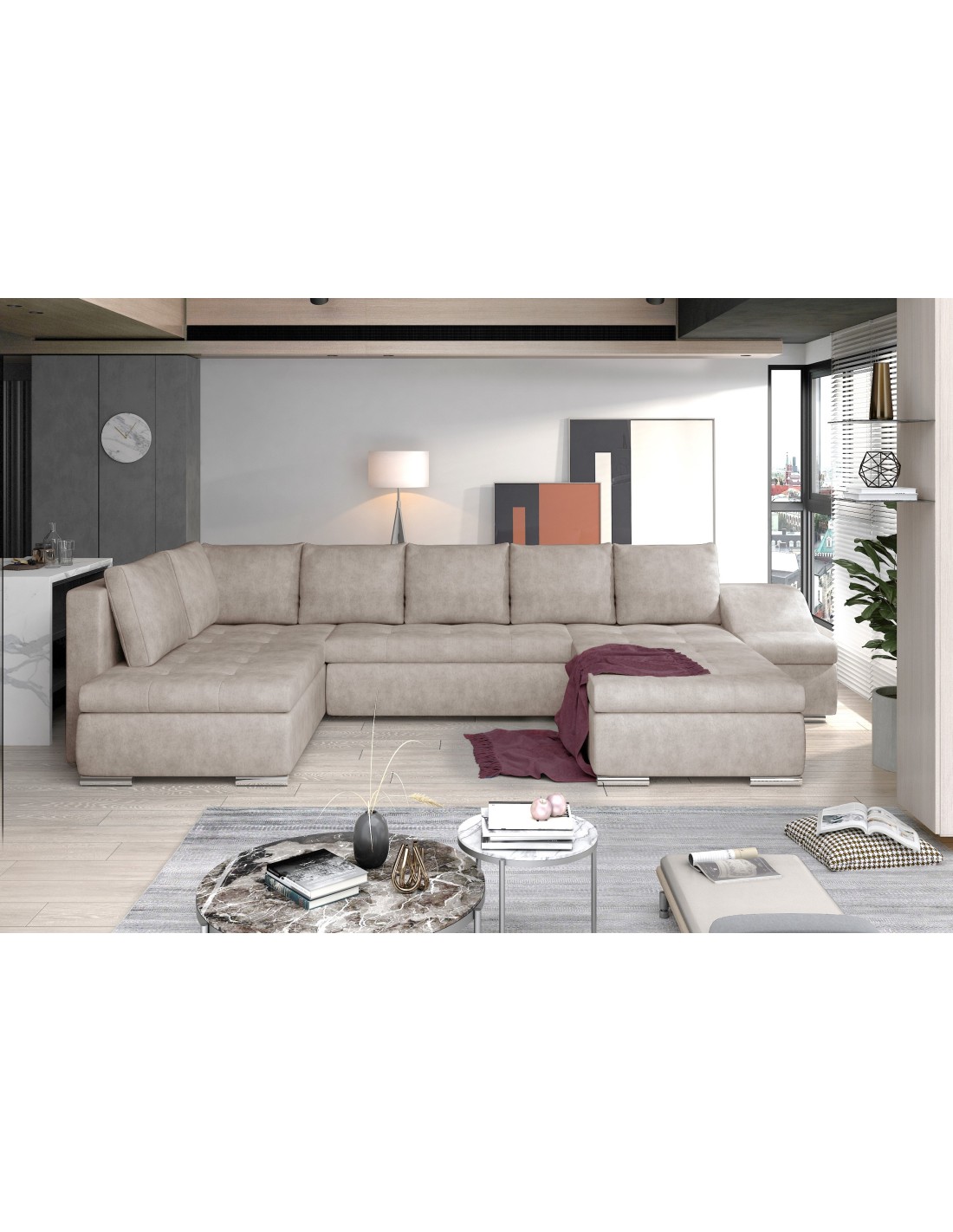 Canapé Panoramique Gyovani Beige Angle Droit Convertible Mousse T30