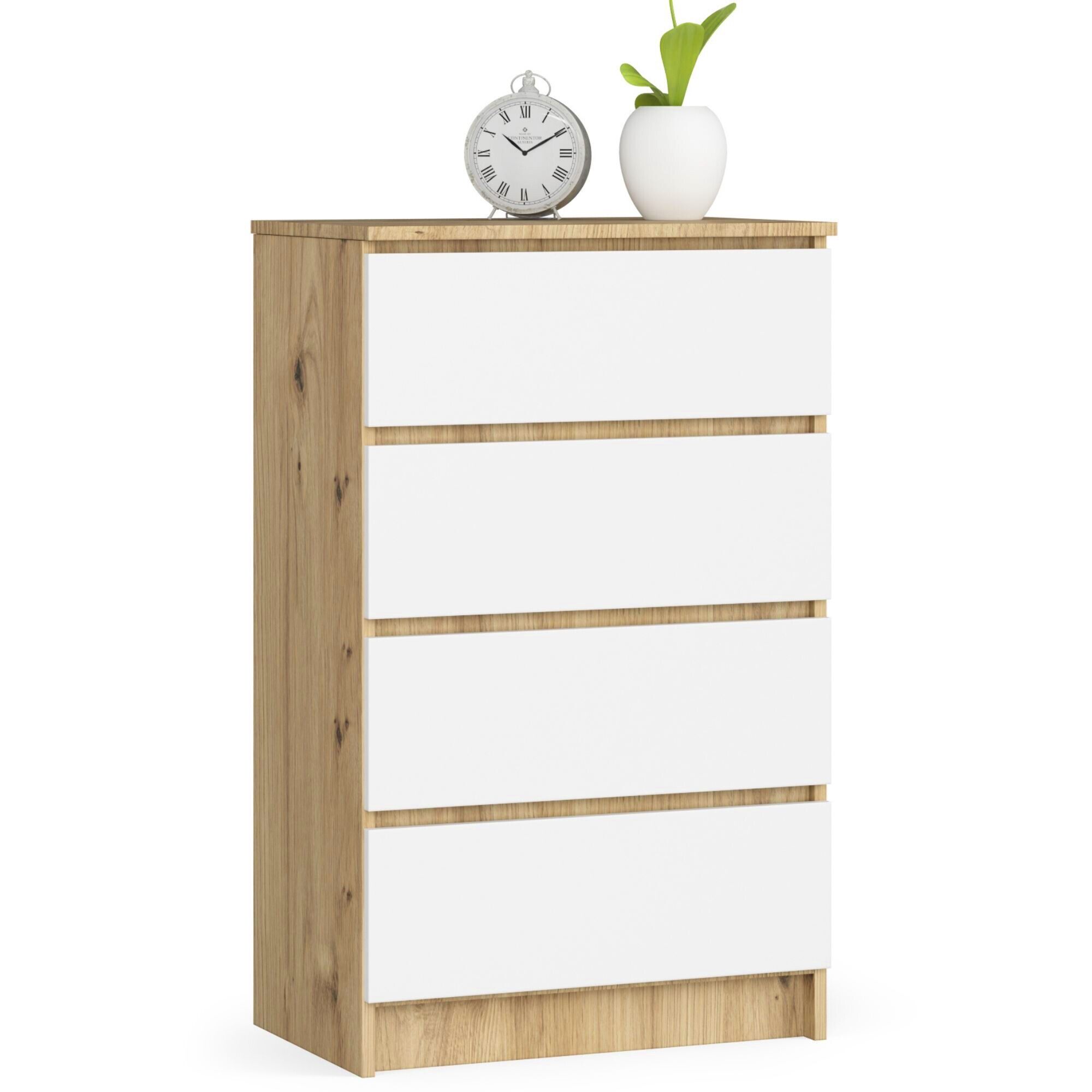 Commode Akord K60 Chêne Artisan 60 Cm 4 Tiroirs Façade Blanche 60x40x99 Cm