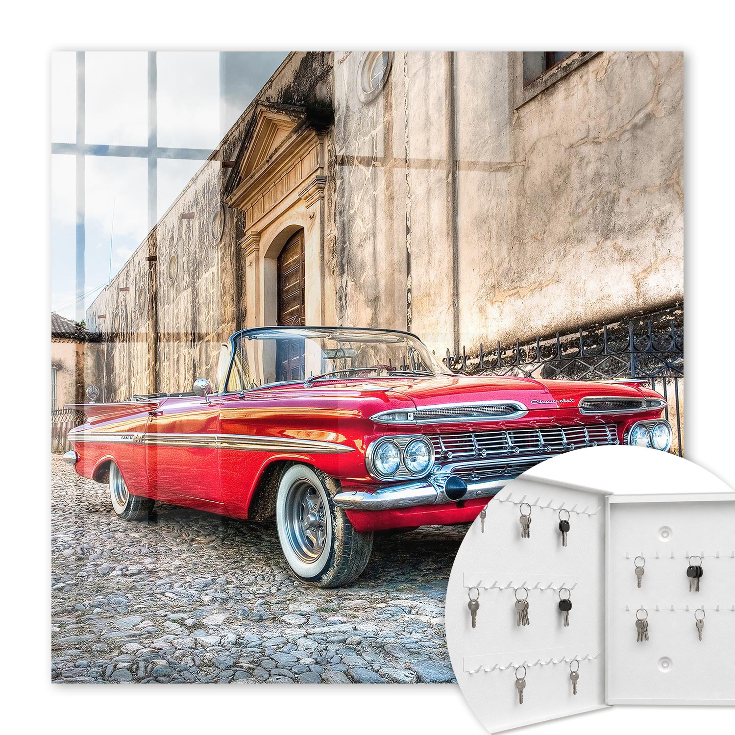 Armoire À Clés - (30 Cm X 30 Cm) - Boîte À Clés Murale - Coffret De Rangement Pour Clés - Couleur Blanche - Ouverture Vers La Gauche - Pour Maison Et Bureau - Voiture Rétro