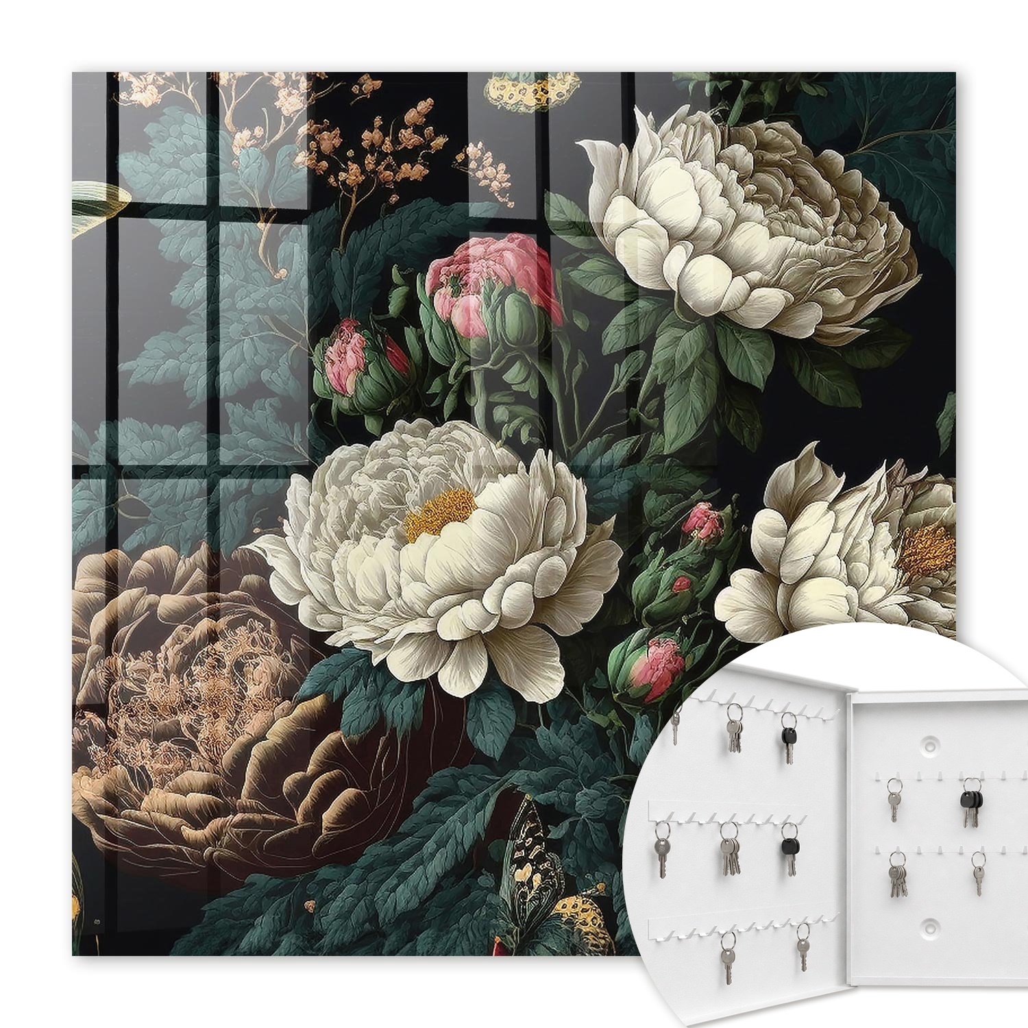 Armoire À Clés - (30 Cm X 30 Cm) - Boîte À Clés Murale - Coffret De Rangement Pour Clés - Couleur Blanche - Ouverture Vers La Gauche - Pour Maison Et Bureau - Fleurs De Pivoine