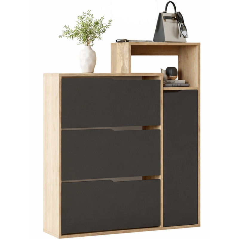 Meuble D'Entrée À Chaussures 4 Portes 4 Niches Chêne Et Gris L 108.2 H 130.6 P 29.8 Cm