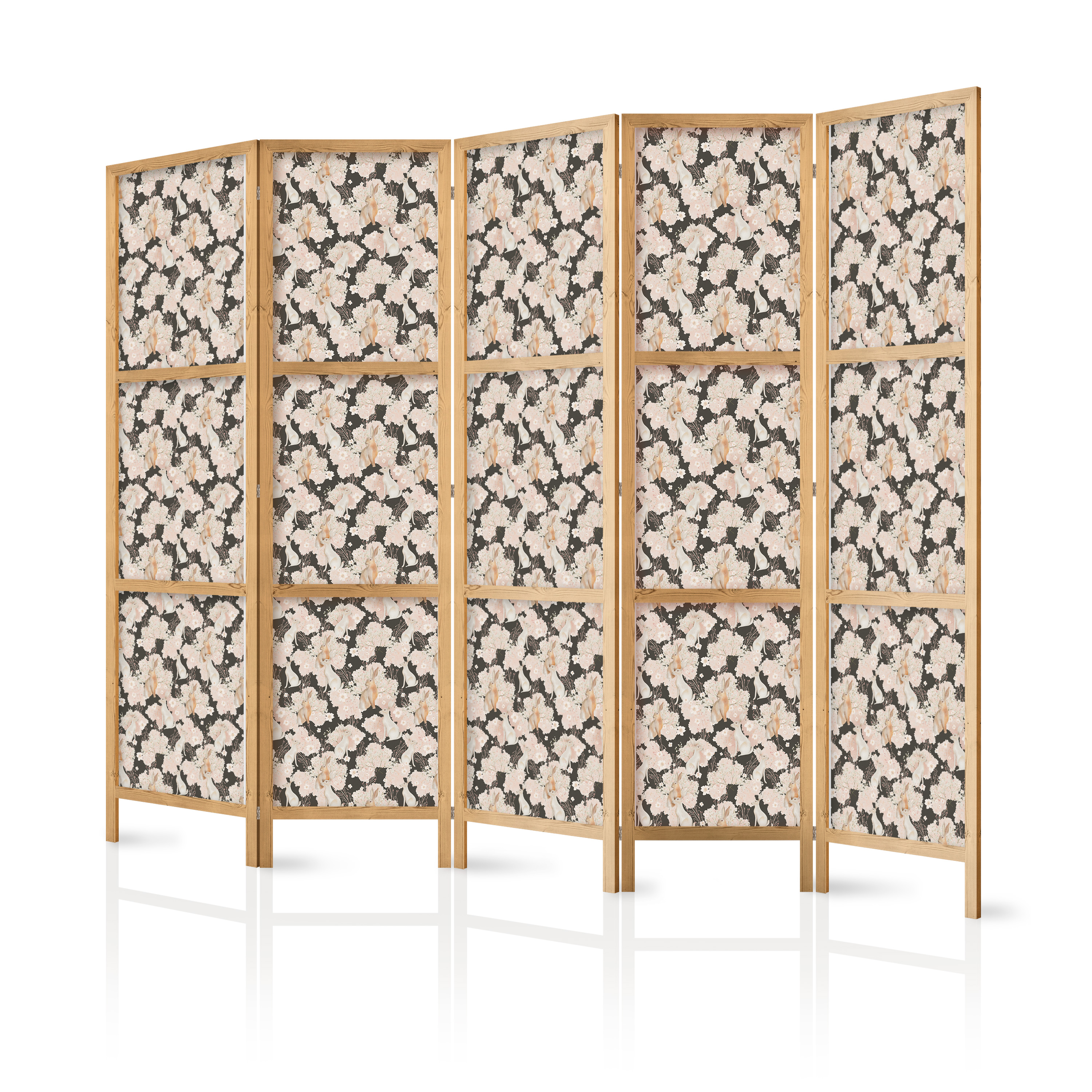 Paravent Japonais - Lapins Blancs Et Beiges Sur Un Pré Fleuri 225x172