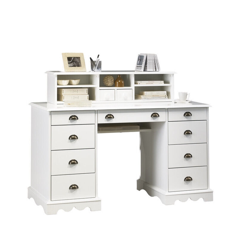 Bureau Ministre Beaux Meubles Pas Chers 11 Tiroirs 137,5 X 58,3 X 99,7 Cm Blanc Pin Massif Mdf