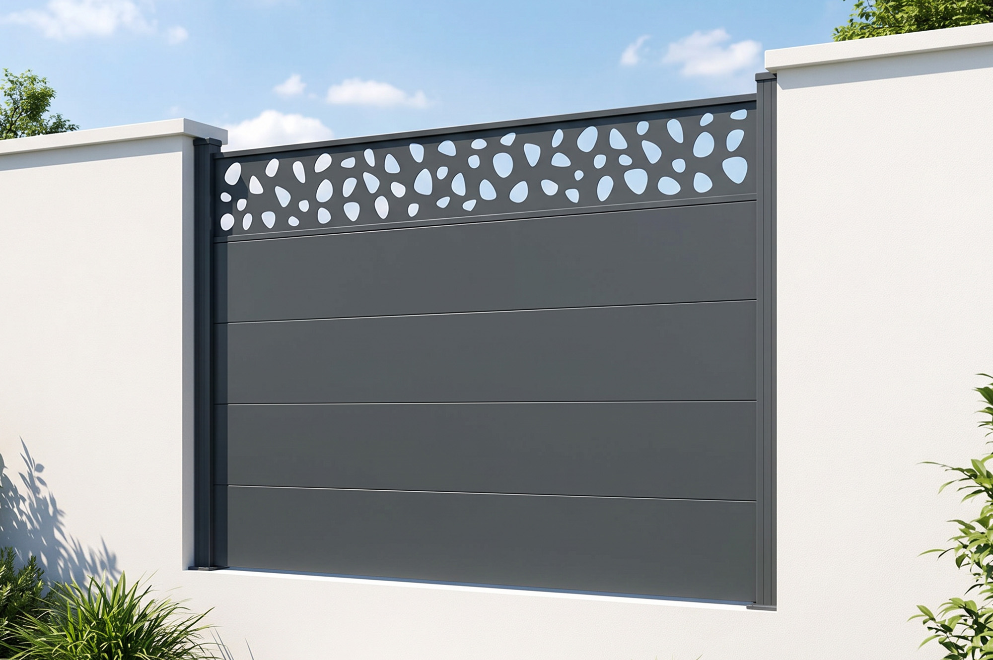 Clôture Aluminium Lames Larges 2m H.150 Gris Anthracite - Alpis Sunny Motifs Galets