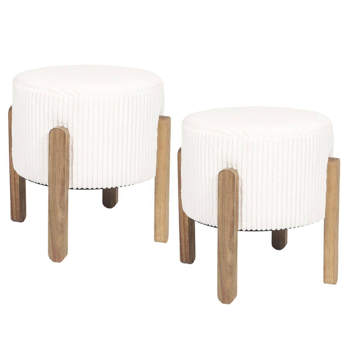 Amory - Lot De 2 Tabourets En Velours Côtelé Coloris Crème Pieds En Acacia