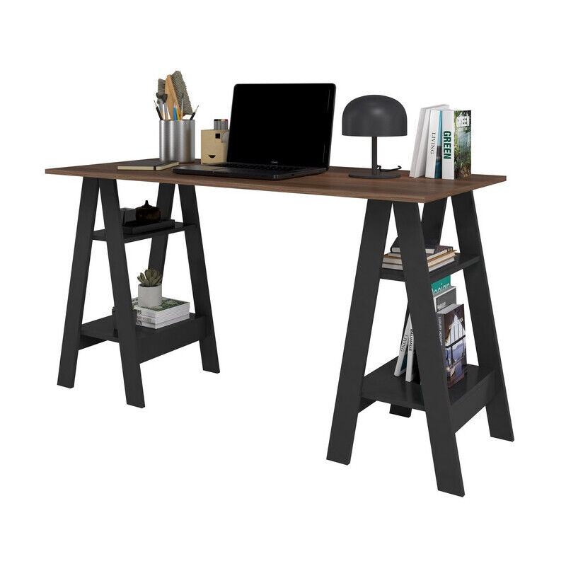Bureau Beaux Meubles Pas Chers 2 Tréteaux 4 Niches 135 X 75 X 60 Cm Noir Châtaignier