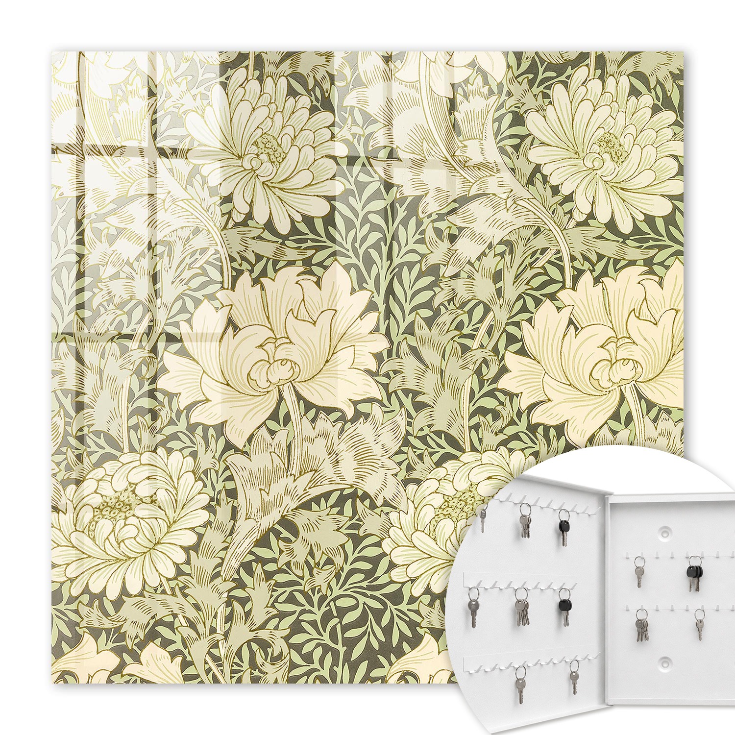 Armoire À Clés - (30 Cm X 30 Cm) - Boîte À Clés Murale - Coffret De Rangement Pour Clés - Couleur Blanche - Ouverture Vers La Gauche - Pour Maison Et Bureau - Motif Floral