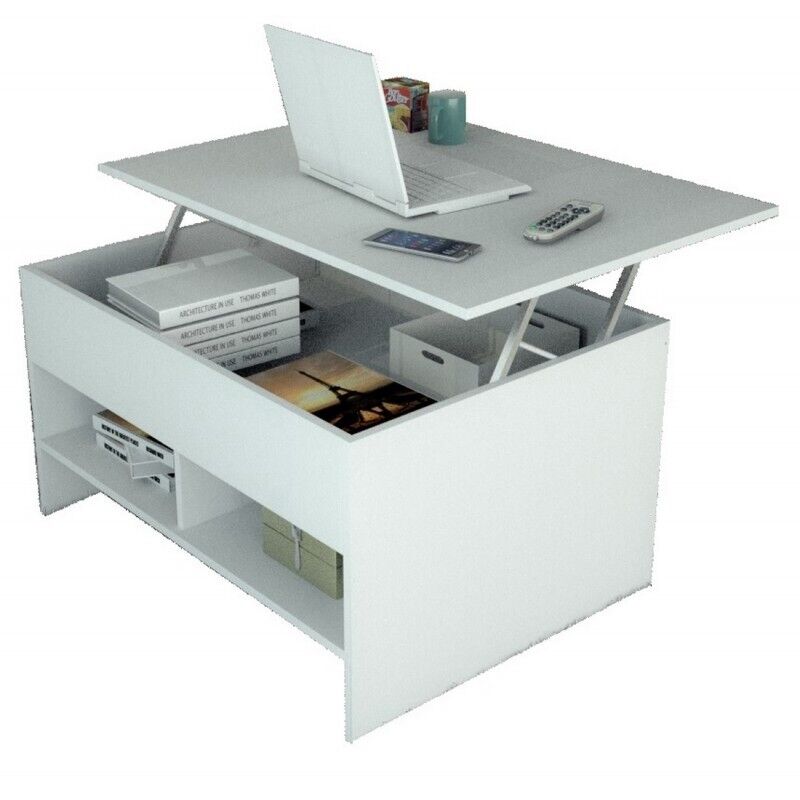Table Basse Relevable Beaux Meubles Pas Chers 90 Cm 3 Niches Blanche Bois