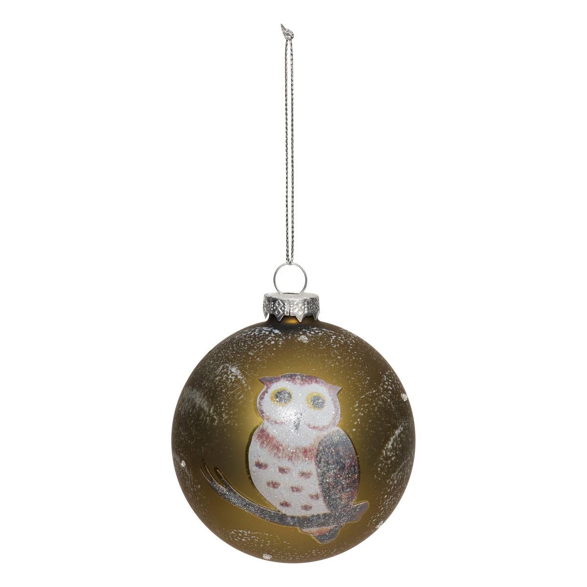 Boule De Noël En Verre Hibou Kaki D. 80 Mm - Feeric Lights & Christmas