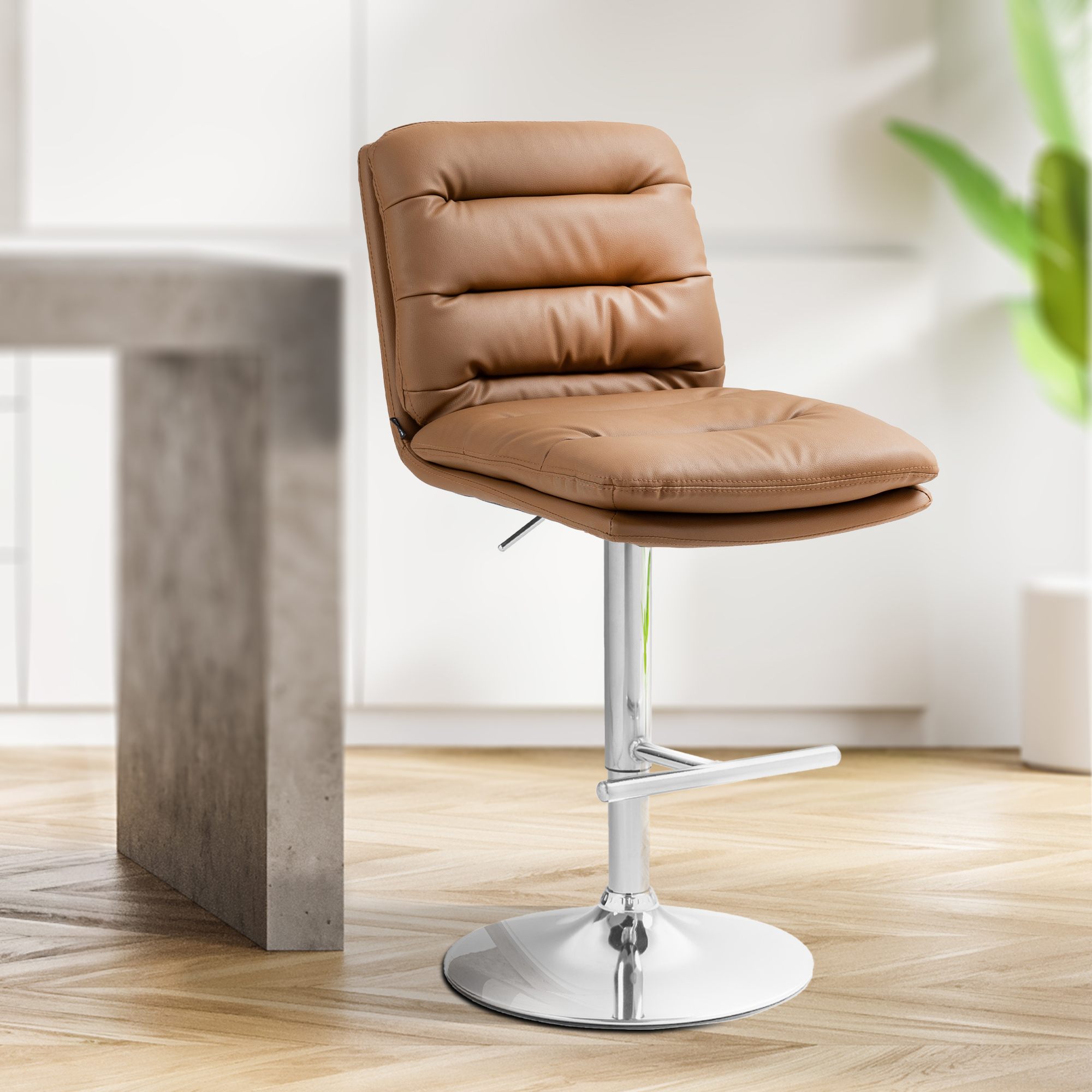 Tabouret De Bar Damar Simili Cuir Chromé Marron Clair
