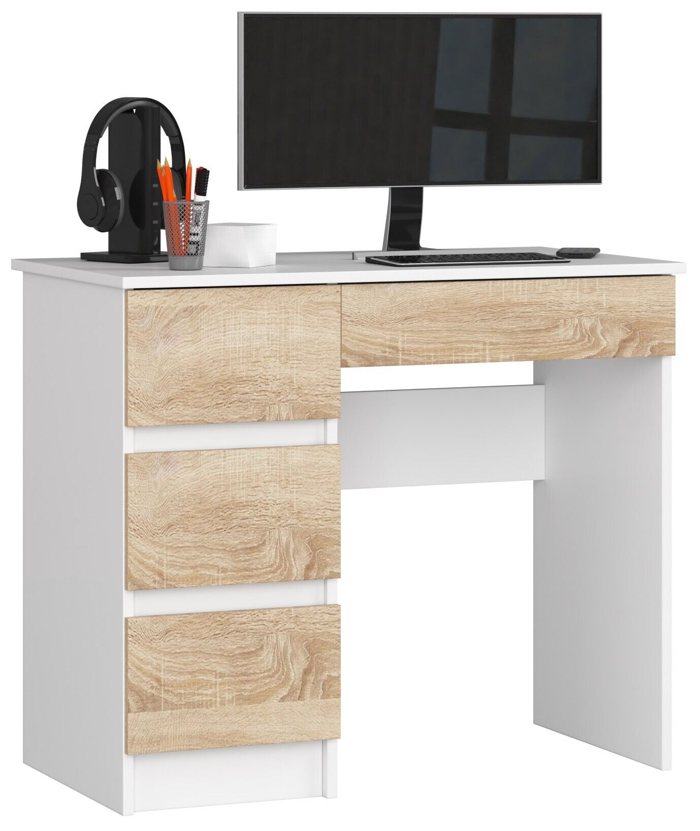 Bureau D'ordinateur Akord Gauche A7 Blanc 90 Cm 4 Tiroirs Façade Chêne Sonoma 90x50x77 Cm