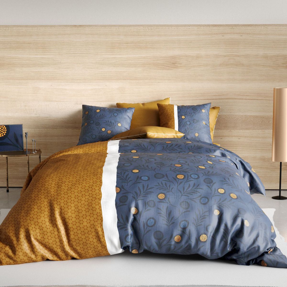 Parure Housse De Couette 240x220cm + 2 Taies Motif Graphique Bleu Et Jaune 100% Coton - Orbal