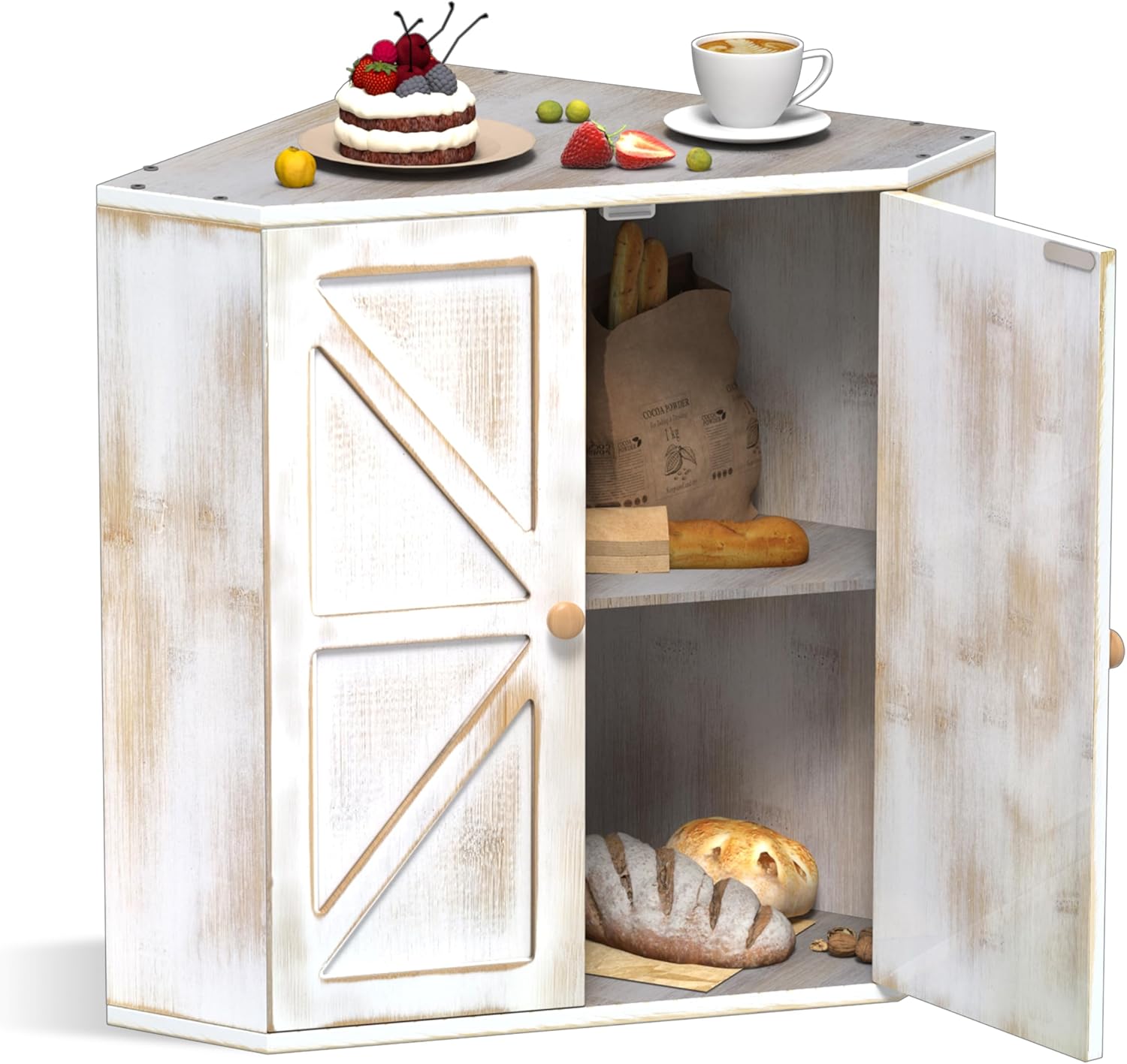 Boîte À Pain D'angle En Bambou - 2 Étages 43 X 28,2 X 42 Cm - Blanc Vieilli