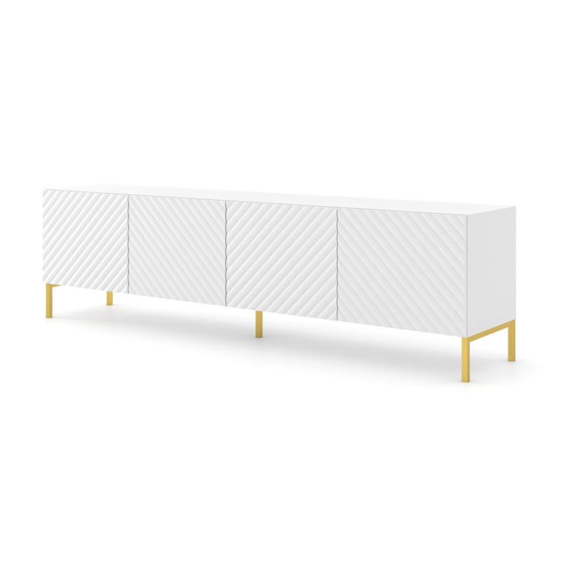 Meuble Tv À 4 Portes Avec Cadre Doré "surf" - Blanc Mat - L 200 Cm